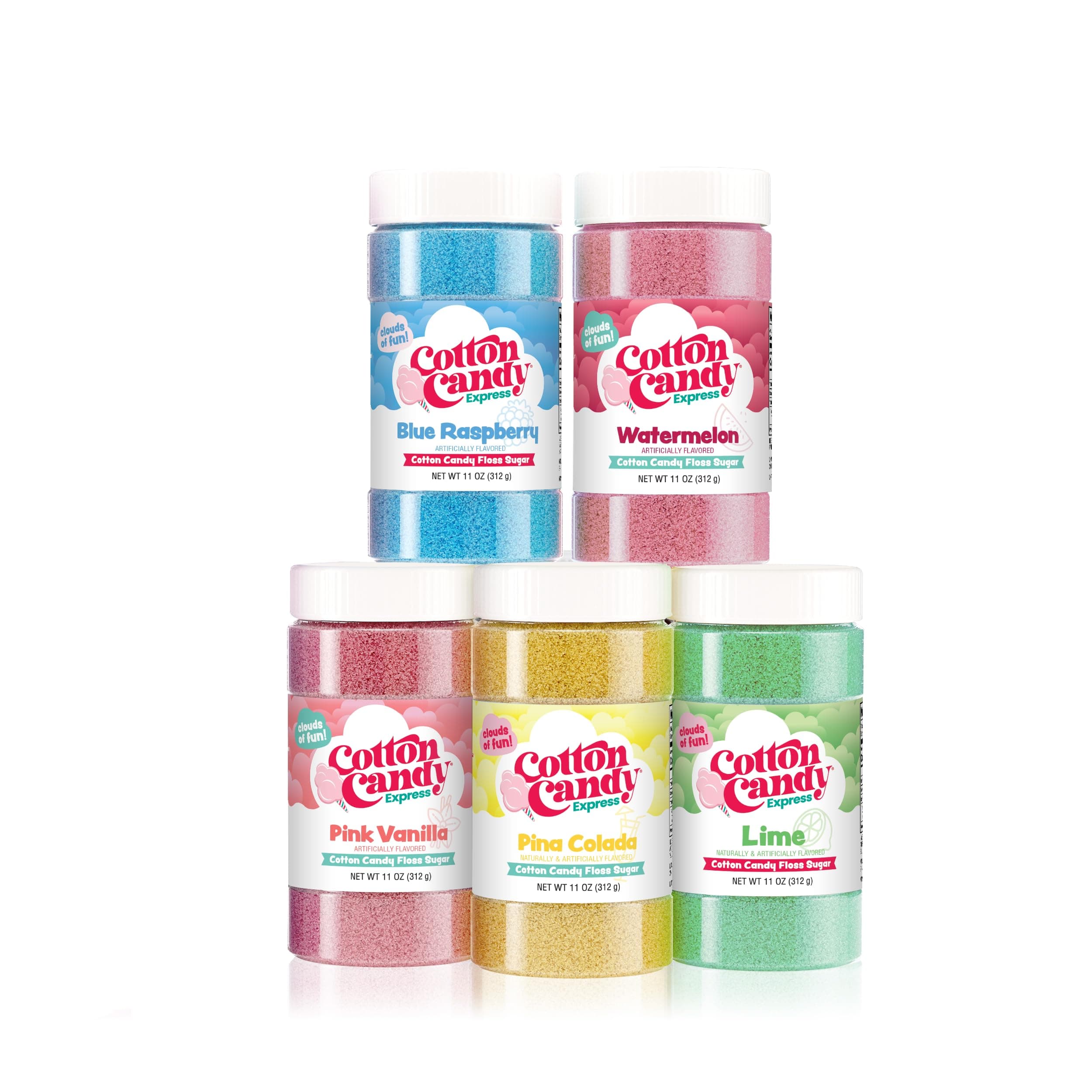 Floss Sugar Variety Pack 5 - 11oz Plastic Jars of Lime, Watermelon, Pina Colada, Blue Raspberry, Pink Vanilla Flossing Sugars. Use with Cotton Candy Express countertop machine