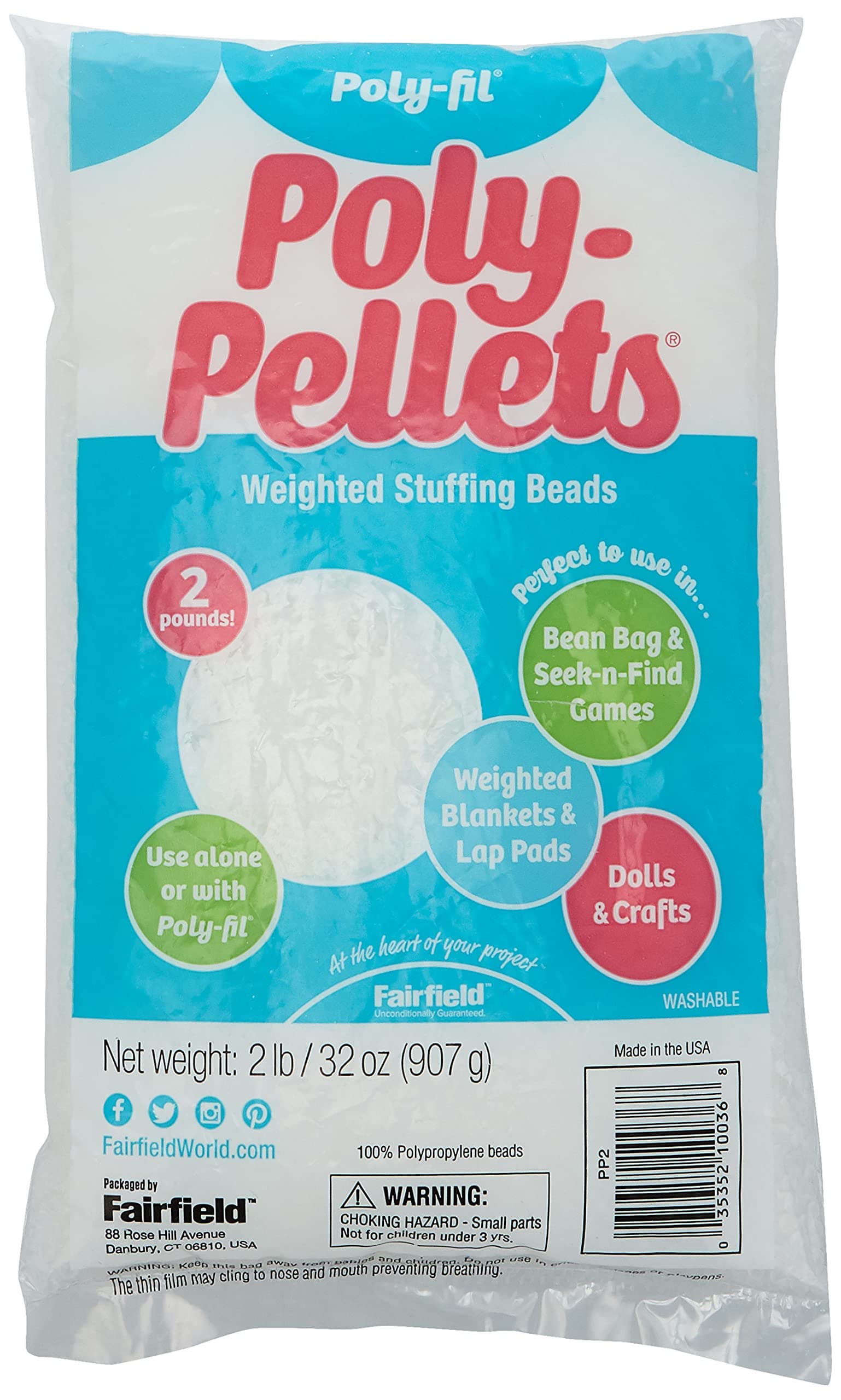 Fairfield Poly-Fil Poly-Pellets, Premium Polyester Weighted Stuffing Beads, Stuffing for Stuffed Animals, Toys, Bean Bags, Weighted Blankets, and More, 32-ounce Bag