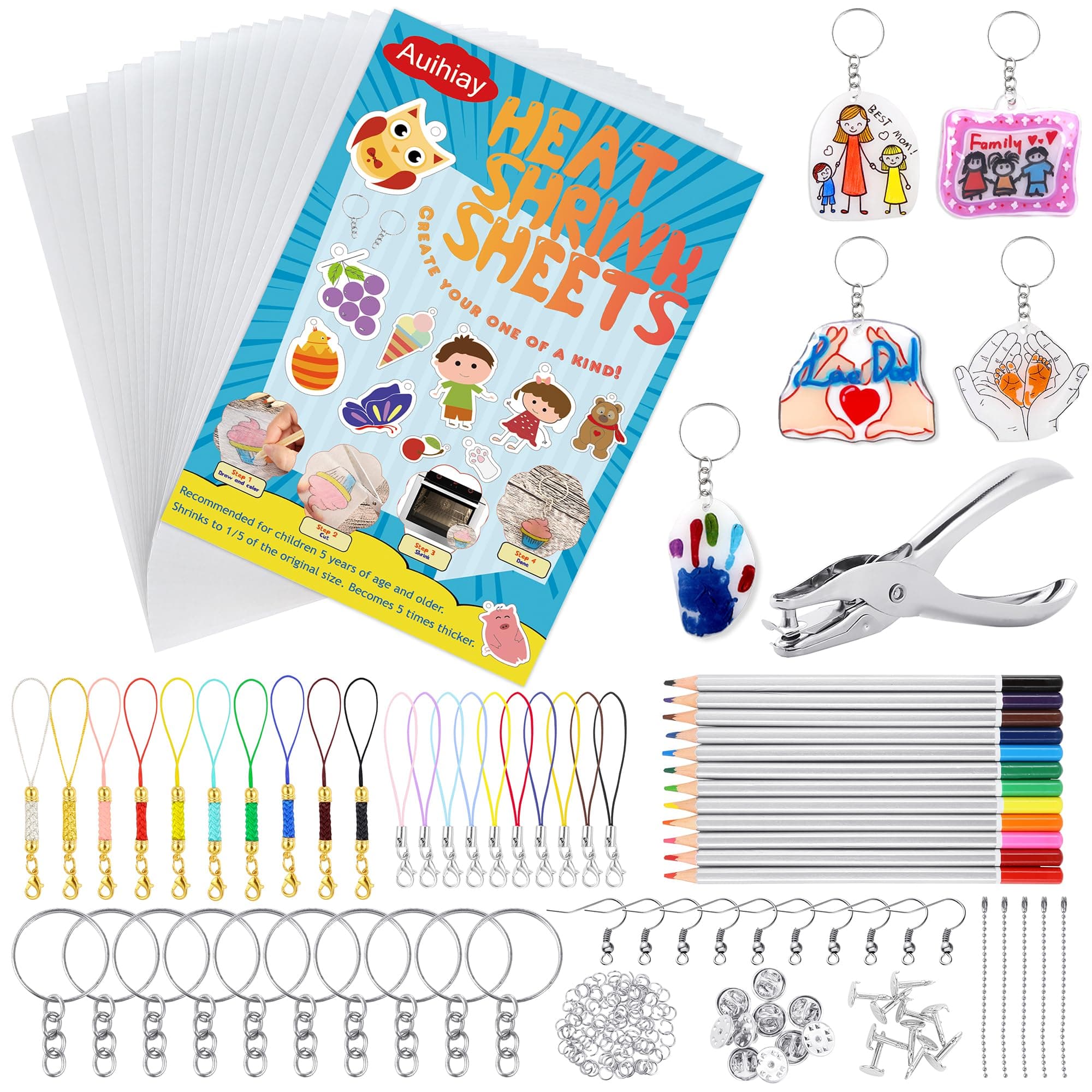 Auihiay 198 Pieces Shrink Plastic Kit Include 20 Sheets Shrinky Art Paper, Hole Punch, Keychains Accessories and Pencils for DIY Ornaments or Creative Craft