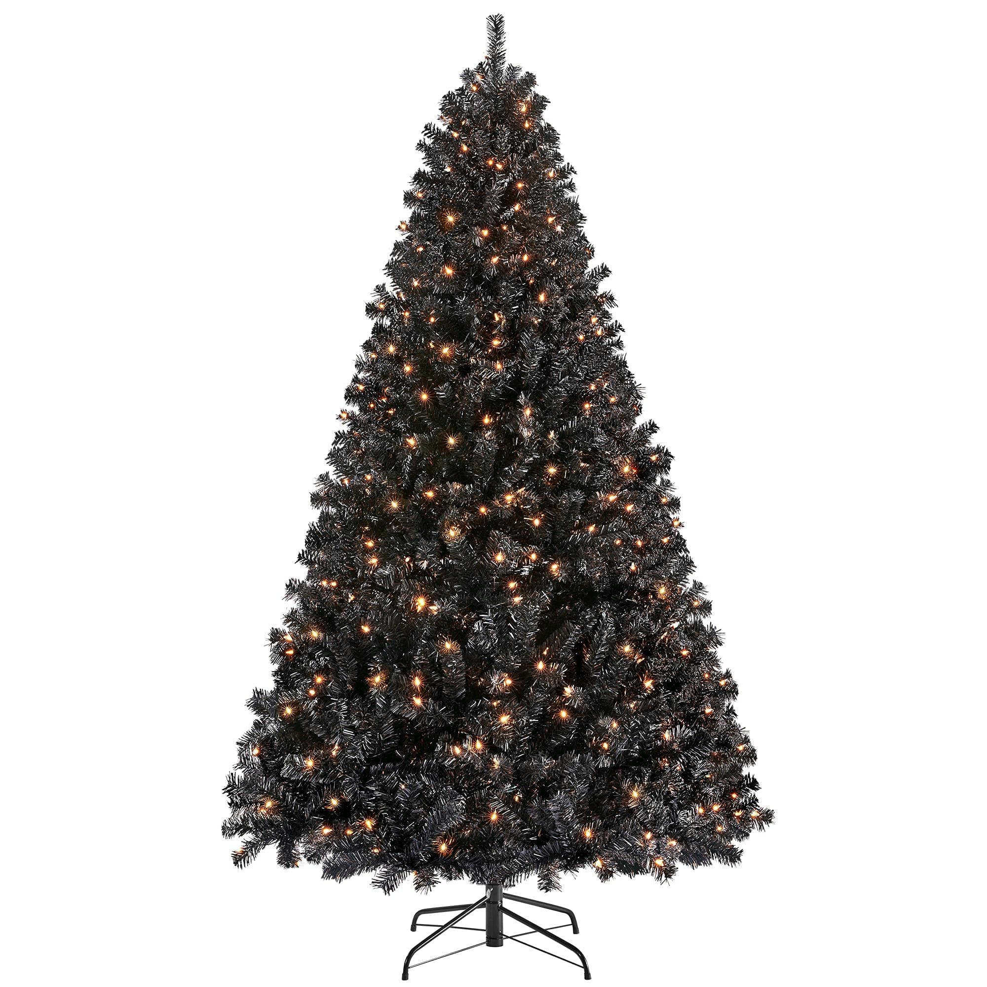 Yaheetech 6ft Pre-lit Halloween Black Spruce Artificial Hinged Christmas Pine Tree Prelighted Xmas Tree for Home Party Holiday Decoration with 300 Clear Warm White Lights and 818 Branch Tips, Black