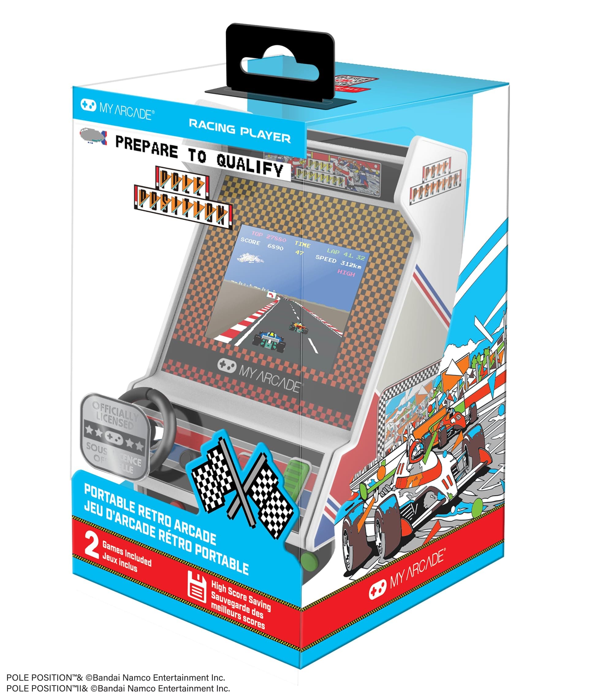 Pole Position Racing Player: Retro Arcade Console with 2 Games, Real Racing Controls, Gifts for Kids and Adults, Full Color Screen