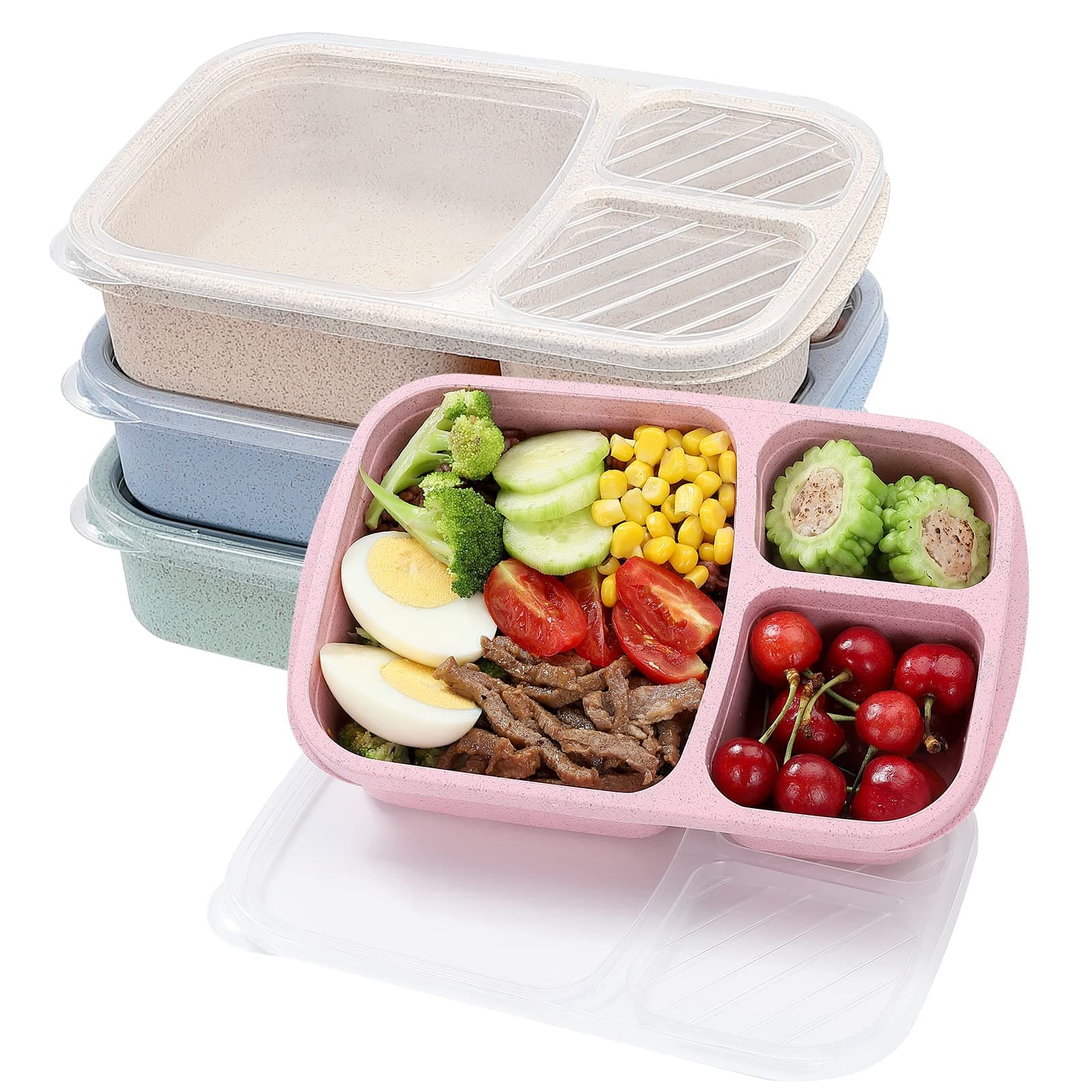 4 Pack Bento Lunch Box Set 3 Compartment Food Storage Containers Wheat Straw Meal Prep Lunch Box Plastic Food Storage Containers, Microwave and Dishwasher Safe (light colour)
