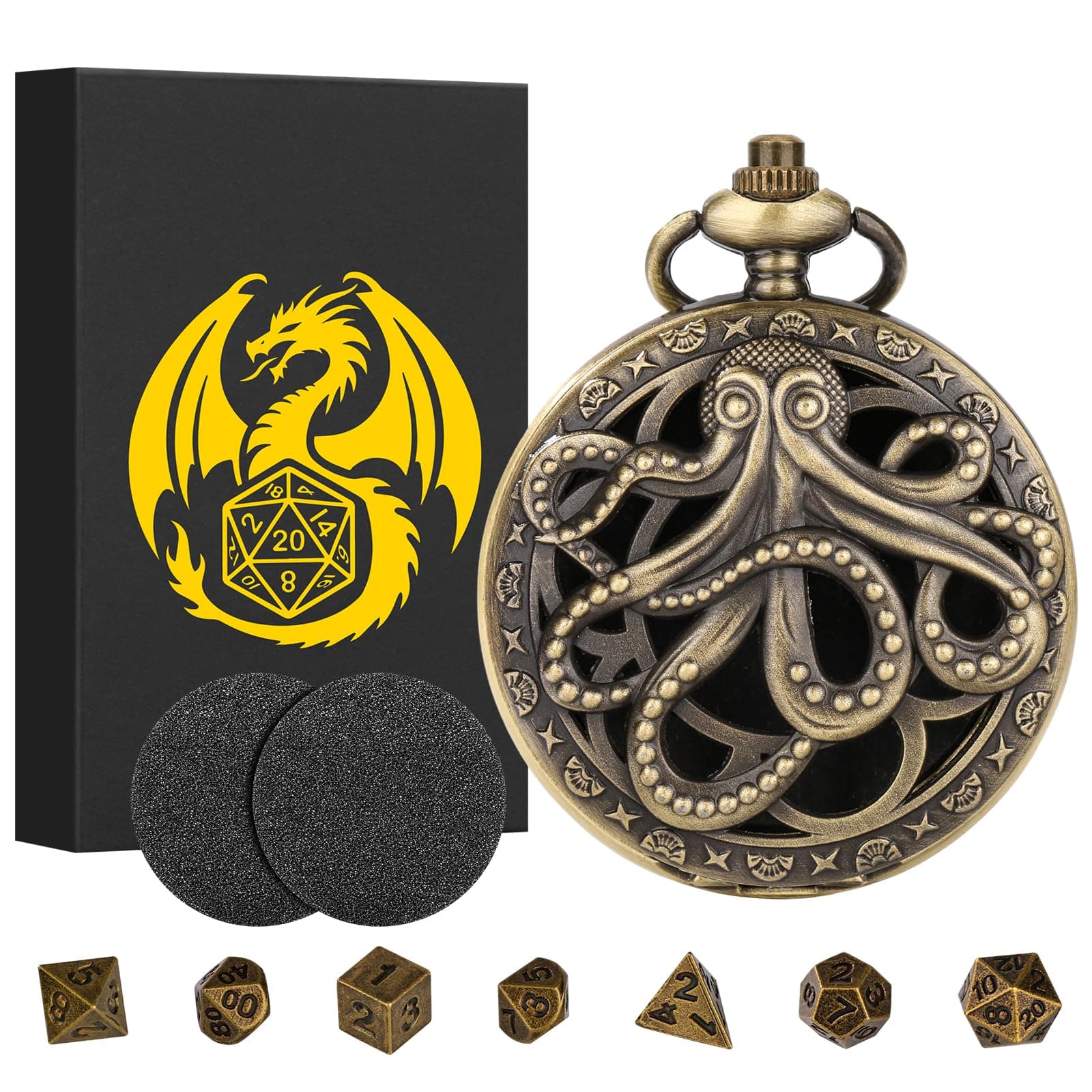 Mini DND Dice Set, Steampunk Hollow Octopus Pocket Watch Shell Case, 7pcs Polyhedral Metal DND Dice Set, D&D Gifts with Gift Box, Role Playing Board Games Accessories, Bronze