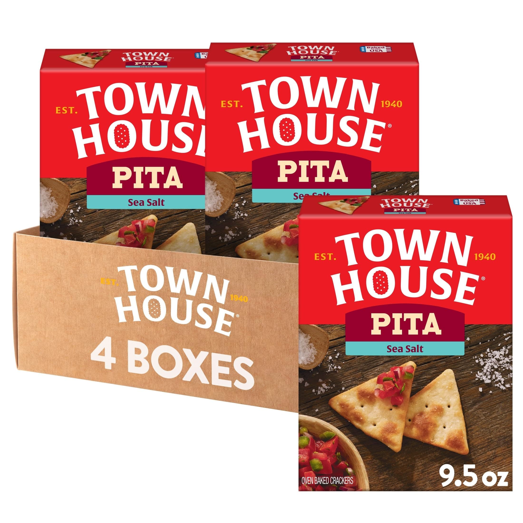 Town House Pita Crackers, Oven Baked, Lunch Snacks, Sea Salt (4 Boxes)