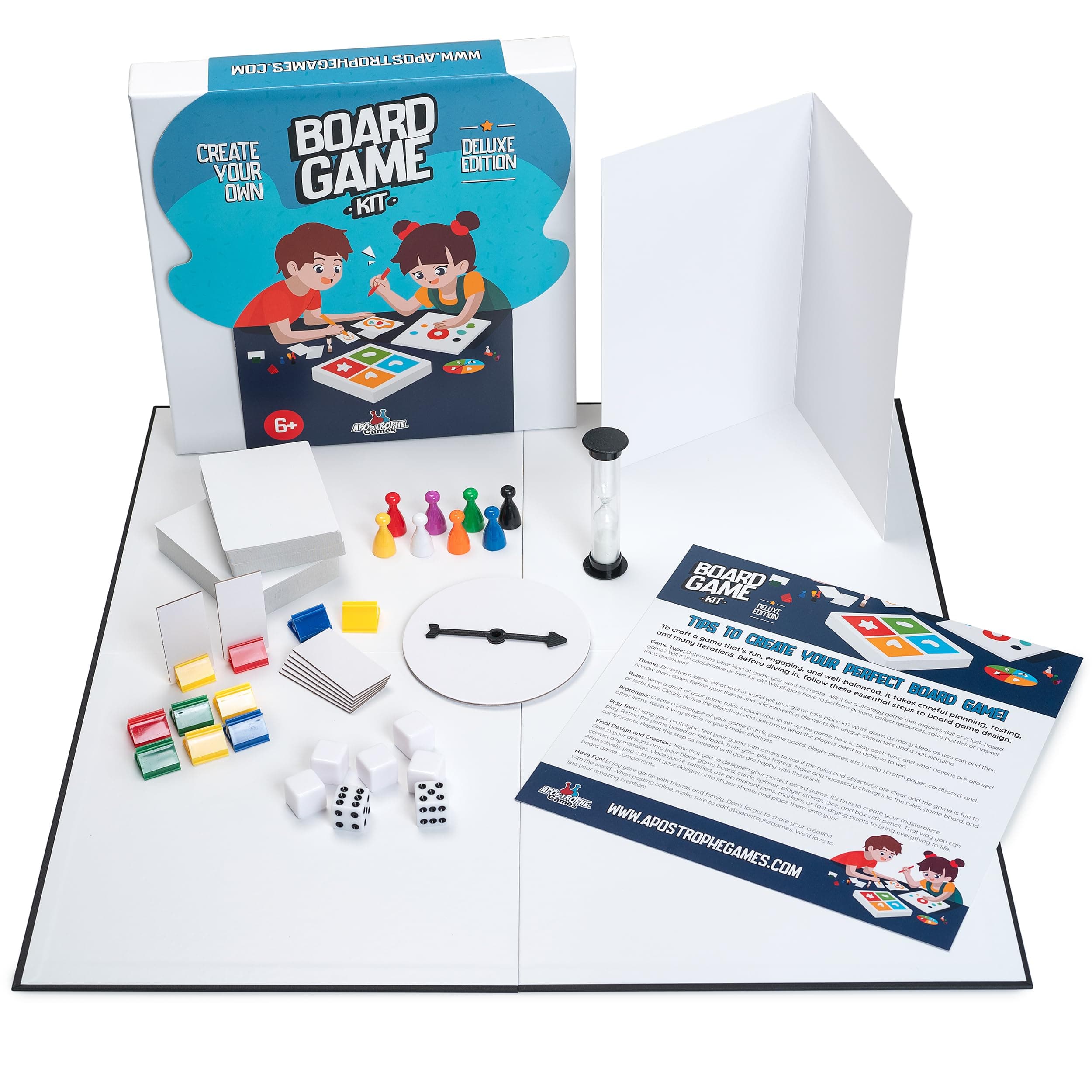 Apostrophe Games Create Your Own Board Game Set – DIY Kit with Blank Game Board, Game Pieces, Blank Cards, Dice, Spinner, Rulebook, Sand Timer – Build Your Own Game Set for Family Board Games