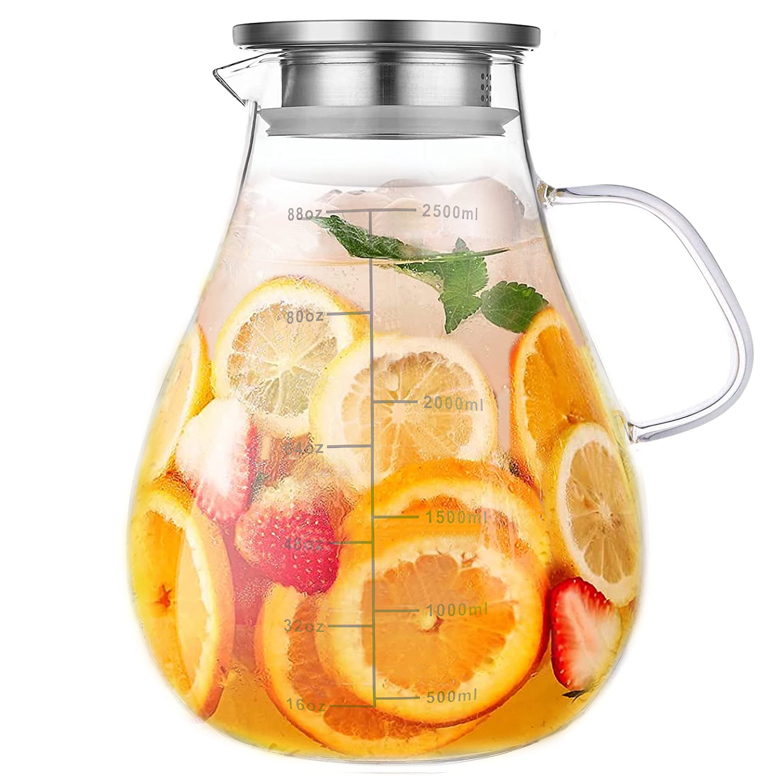 Glass Pitcher with Lid,88 Ounces -2500ml with Precise Scale Line, Hot/Cold Water Jug, Juice and Iced Tea Beverage Carafe with Lid
