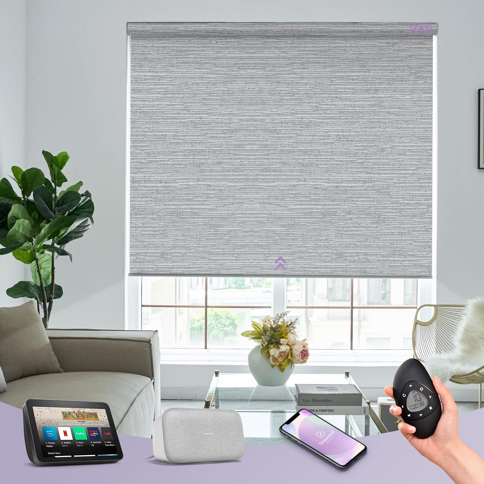 Motorized 100% Blackout Roller Shades Work with Alexa Google via Hub Window Blinds Remote Control Rechargeable Battery Motor with Valance for Smart Home and Office (D-Jacquard Grey)
