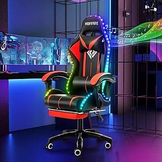 HOFFREE RGB Gaming Chair with Speakers Massage Computer Gaming Chair with LED Lights and Footrest High Back Video Game Chair for Adults Red and Black
