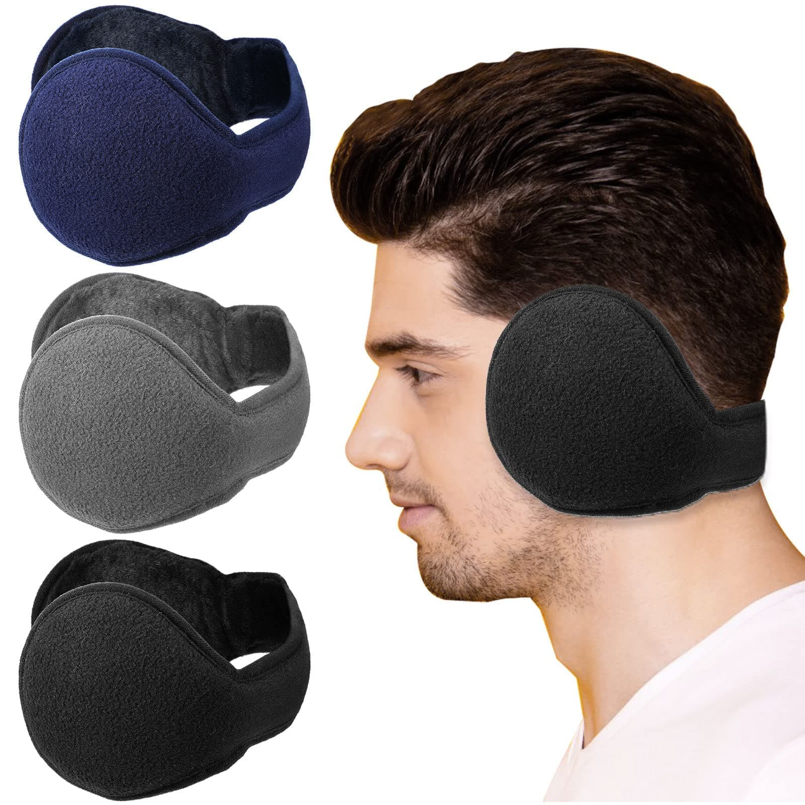 Ear Muffs for Winter, Multicolor Windproof Ear Cover Behind the Head Women Men's Ear Muffs, Polar Fleece Foldable Earmuffs Ear Warmers for Outdoor Sports (Black, Gray, Navy, 3Pieces)