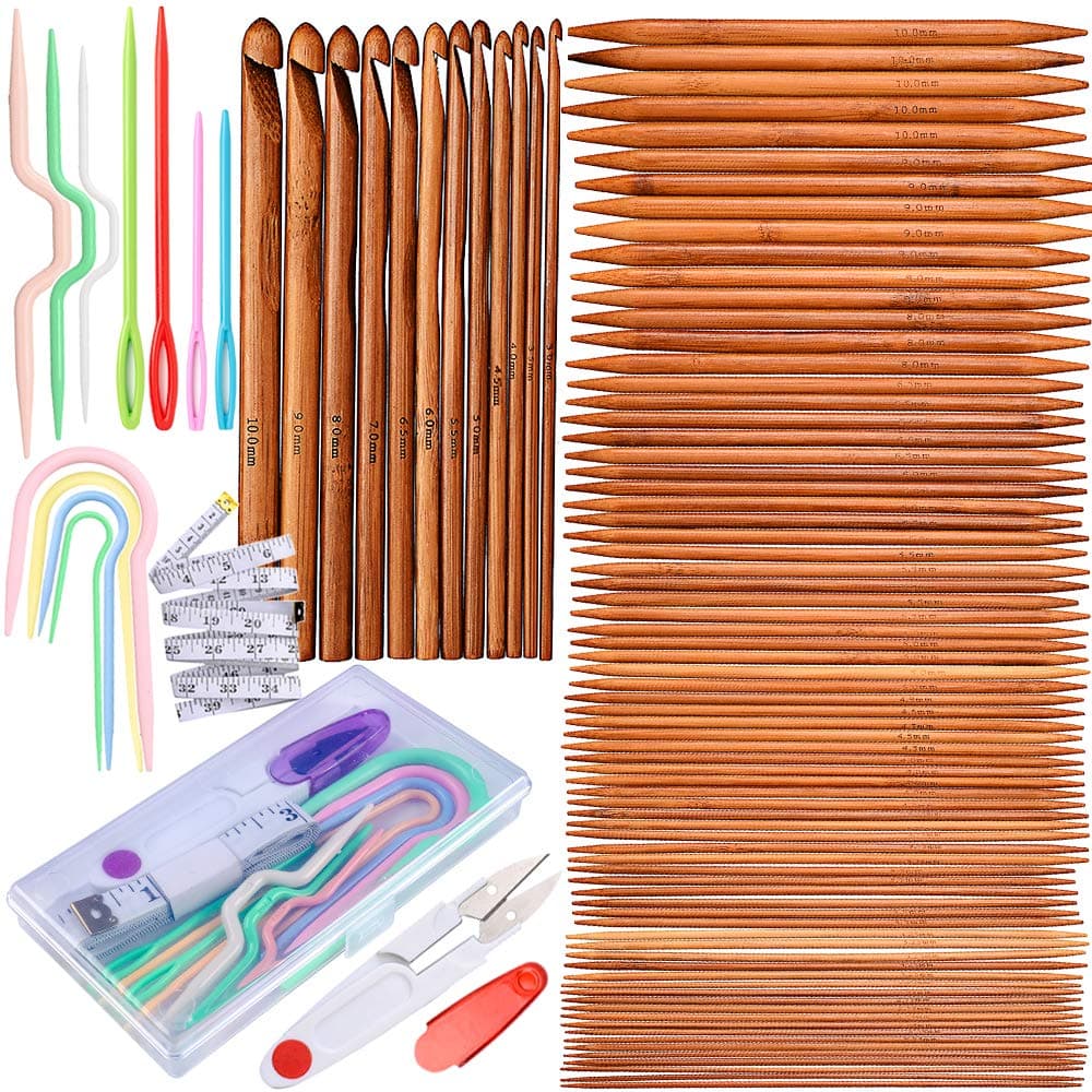 Exquiss 75 PCS Knitting Needles Set, Bamboo Double Pointed Knitting Needles (7.9'' Length), 12pcs Crochet Hooks Set (6.1'' Length), Crochet Kits are Included, 12 Sizes: 2mm-10mm, 15 Sizes: 3mm-10mm