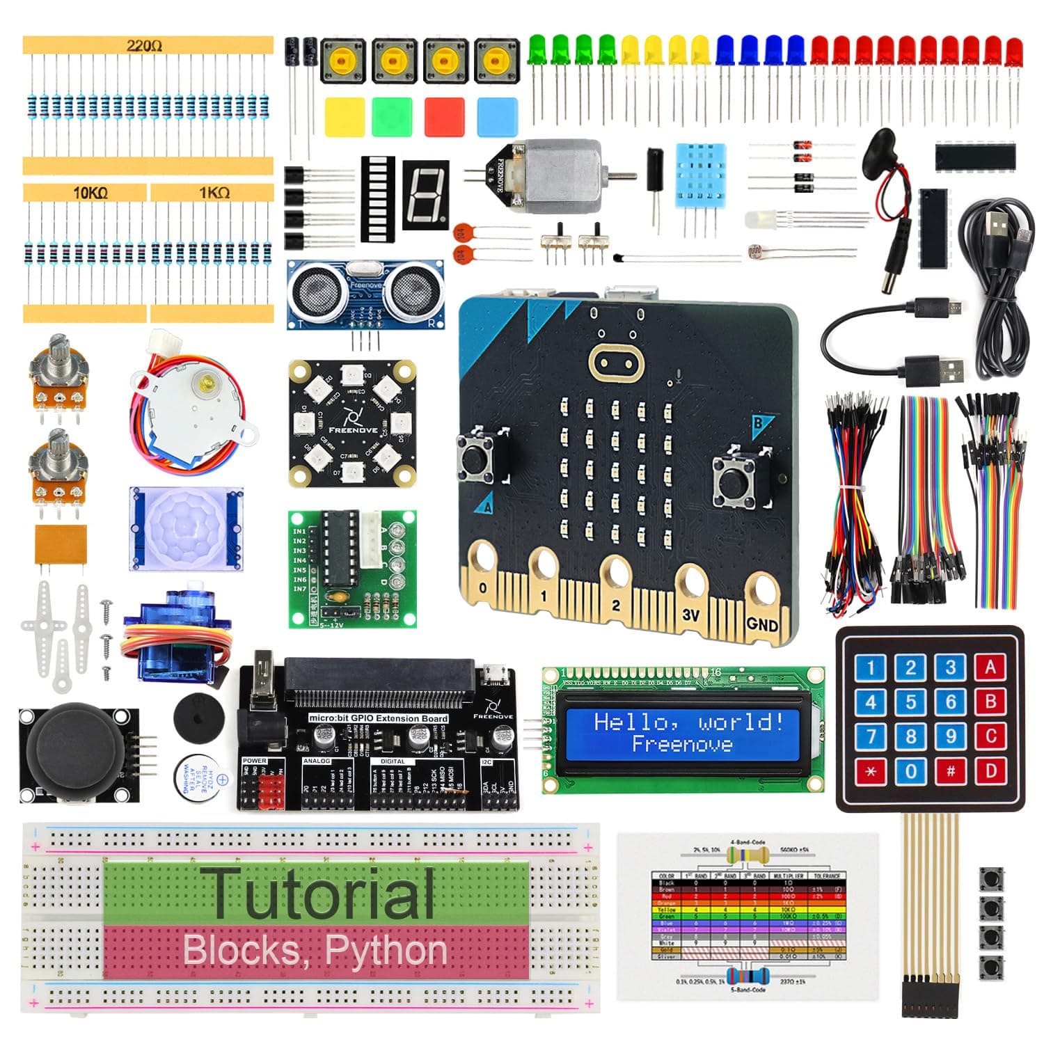Freenove Ultimate Starter Kit for BBC micro:bit (V2 included), 316 page detailed tutorials, 225 items, 44 projects, blocks and Python code