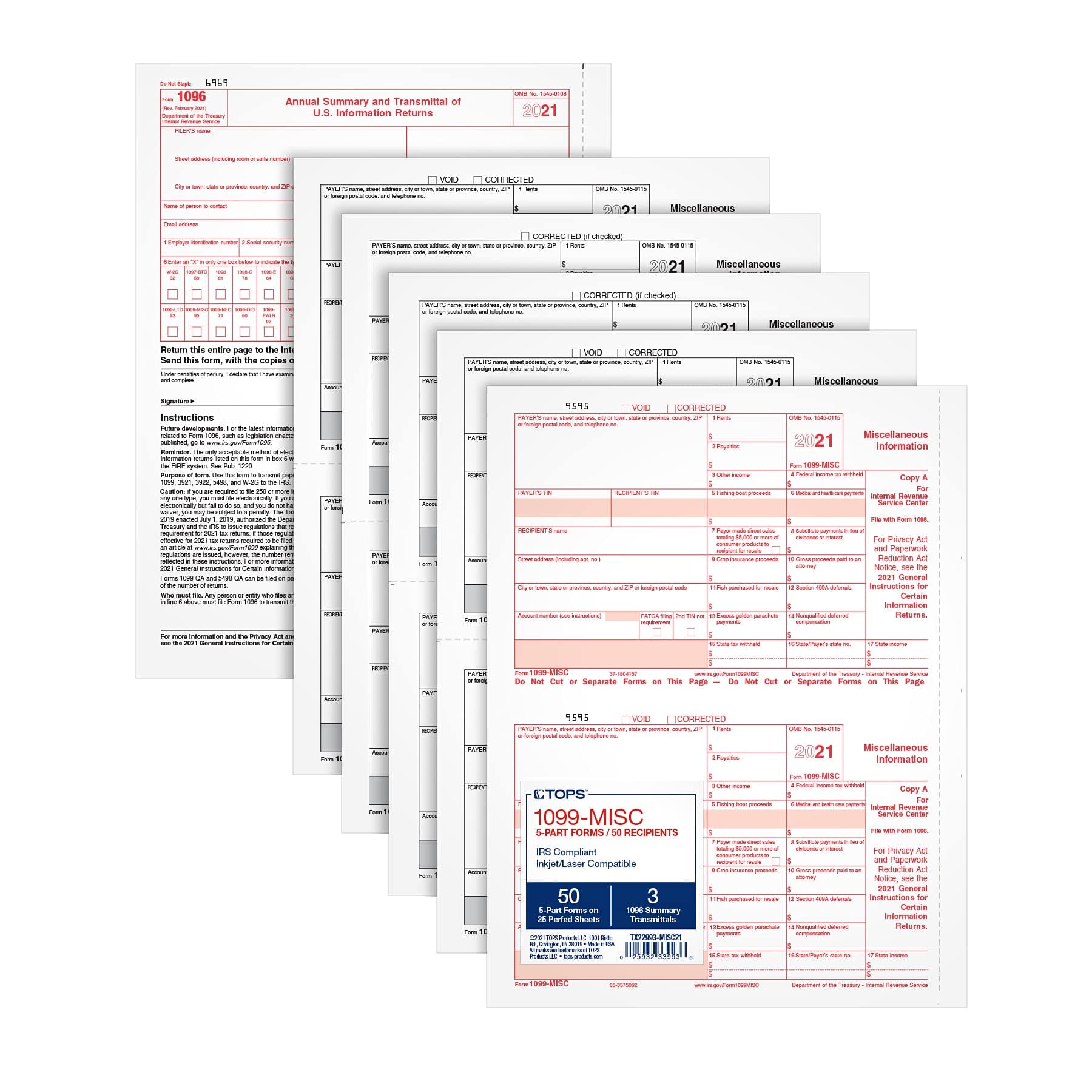 TOPS 1099 MISC 2 Up Forms 2021, 5 Part 1099 Forms, Laser/Inkjet Tax Form Sets for 50 Recipients, Includes 3 1096 Forms (TX22993-MISC21)
