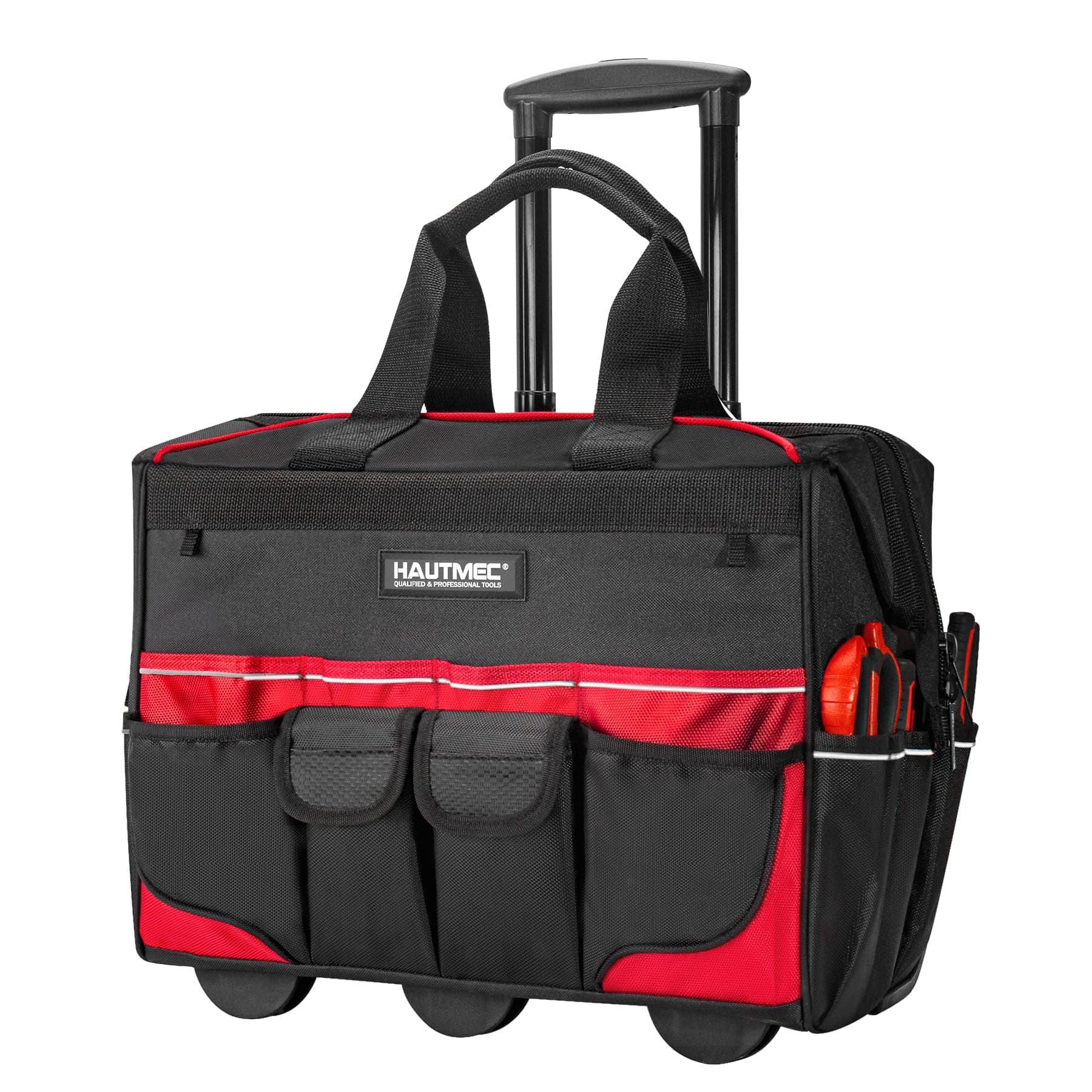 HAUTMEC 18" Rolling Tool Bag on Wheels, Heavy-Duty Tool Bag with High-Density Oxford Fabric, Oversized Off-Road Wheels, Wide-Mouth Design, 23-Pocket, Double Zipper & Telescoping Handle - HT0059