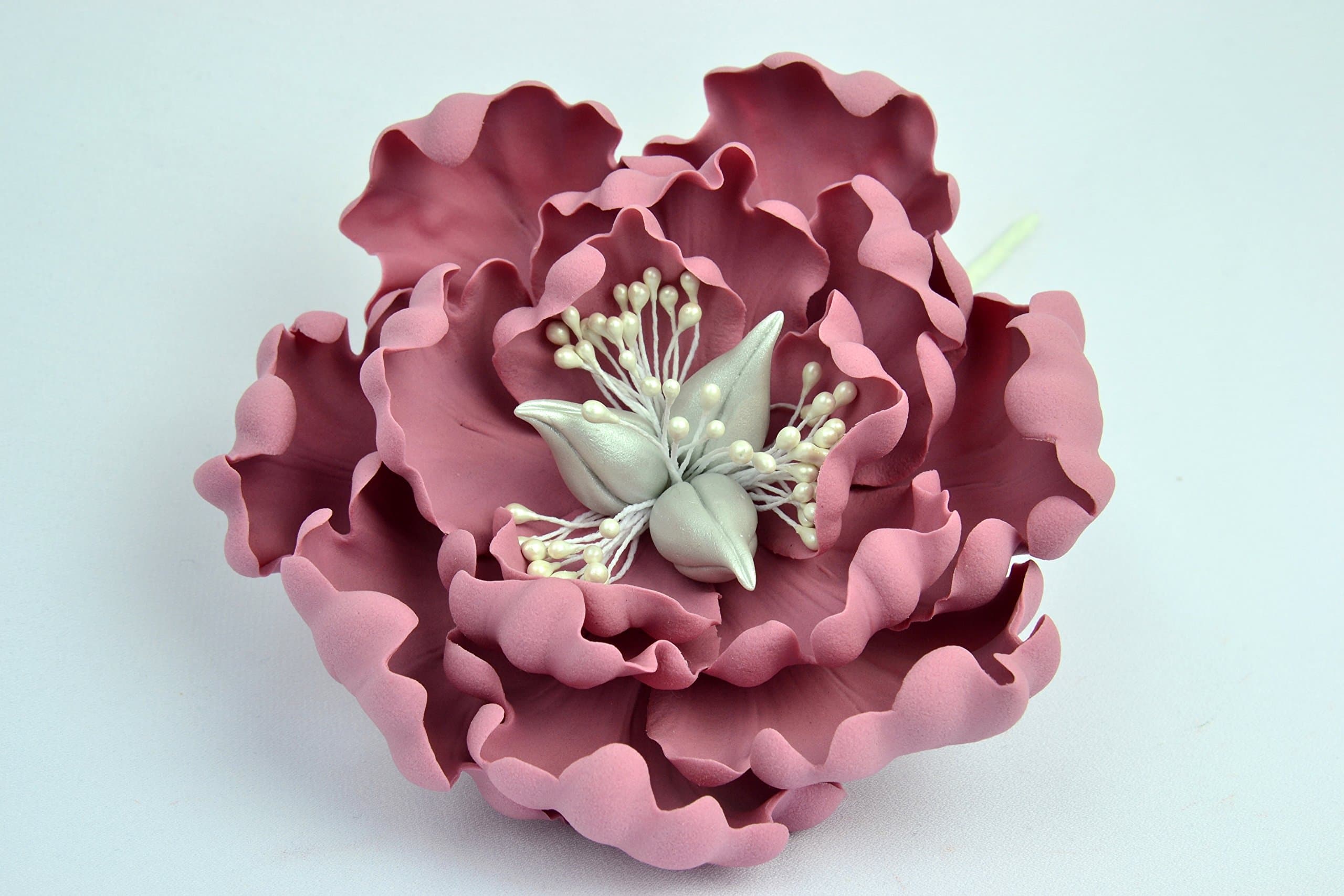 Sugar Paste Flower, Open Peony, Dusky Pink/Wine, Silver Buds, 5" Handmade, Cake Topper, Wedding, Edible