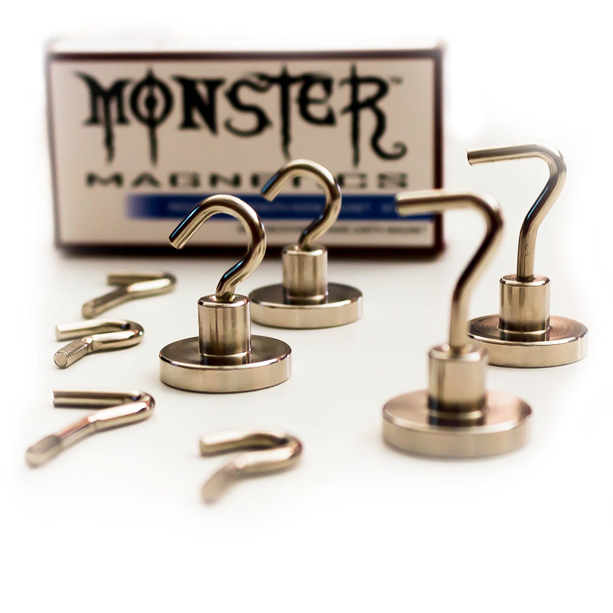 Monster Magnetics Strongest Heavy Duty Magnetic Hook Set - Pack Includes 8 Hooks (2 Types, 4 Ea) & 4 Powerful Neodymium Magnet Bases for Hanging On Refrigerator, Garage, Shed, Gym Lockers, Fridge