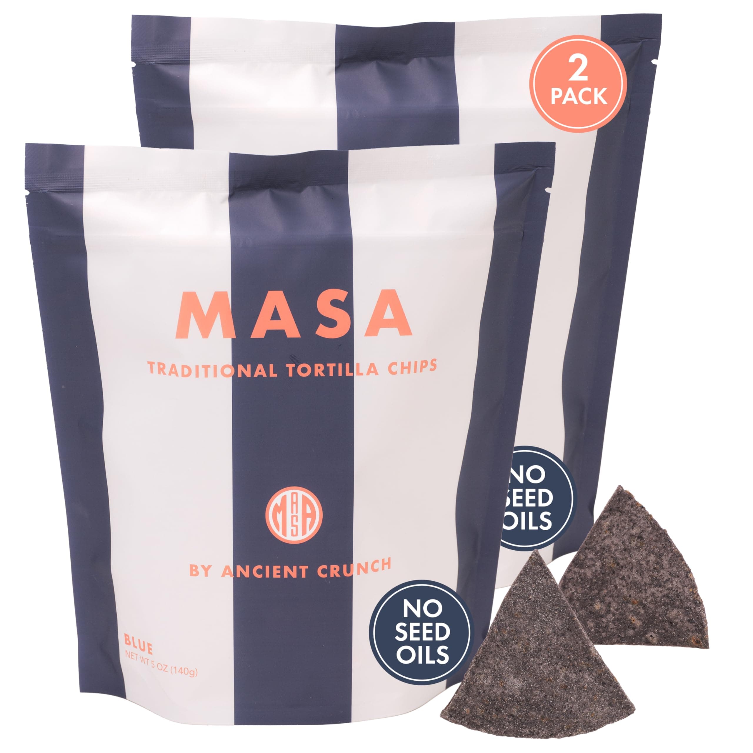 MASA Chips Blue Corn Tortilla Chips - Naturally Grown Blue Corn with Grass Fed Tallow and Sea Salt Tortilla - No Seed-Oil Snacks - 2 Pack, 5 Ounce Each