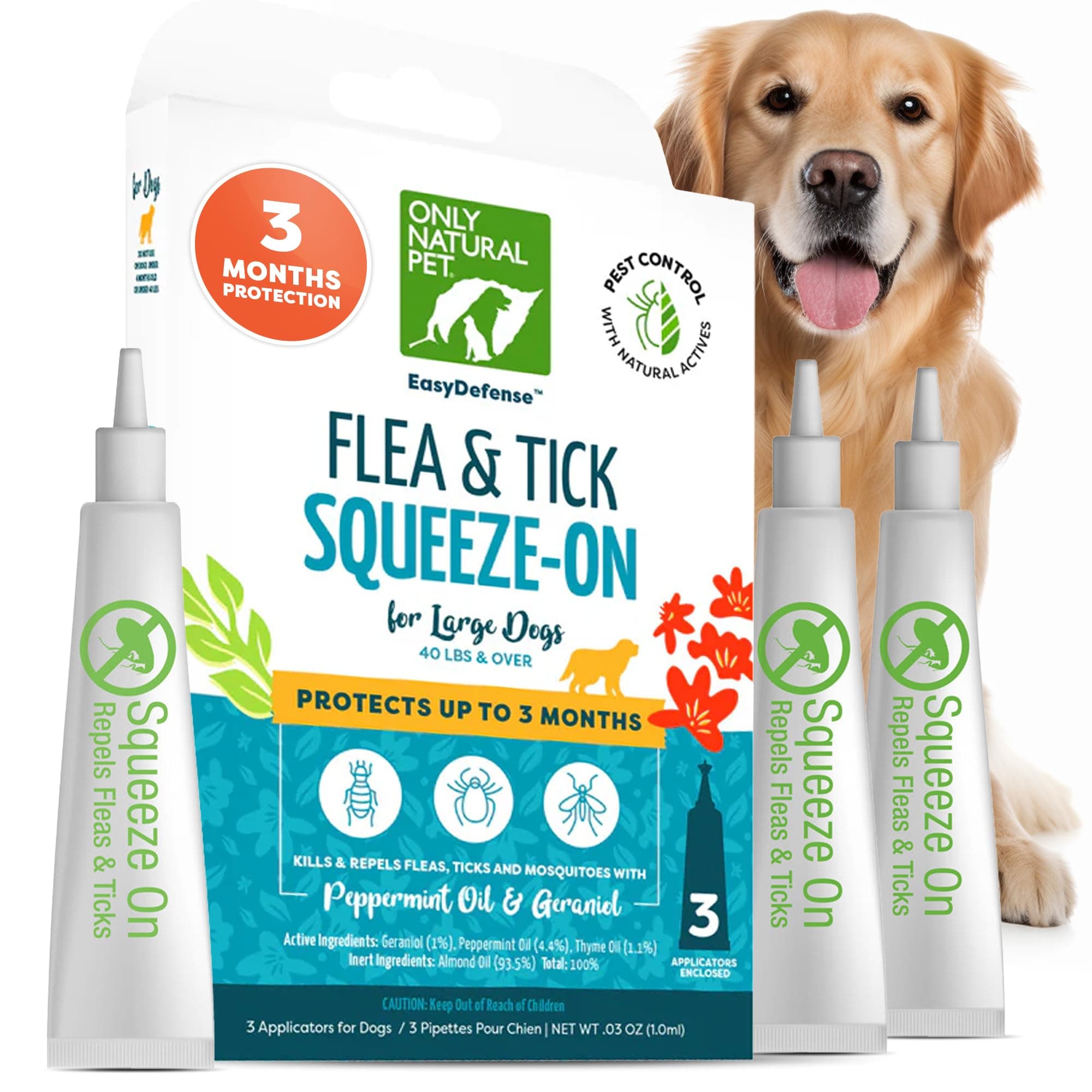 Flea and Tick Control for Large Breed Dogs (Over 40 lbs) - EasyDefense Flea & Tick Herbal Squeeze-On Drops - 3 Month Supply (L Sqz.)