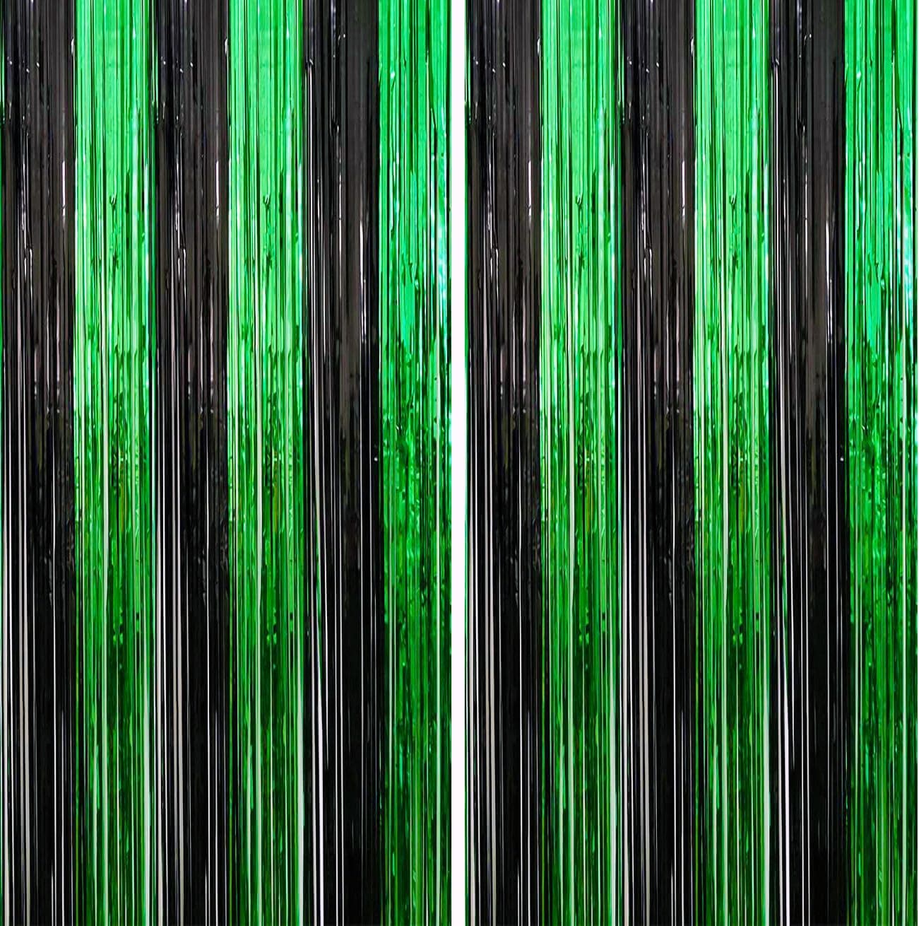 2 Pack 3.3ft×8.2ft Black Green Metal Tinsel Foil Fringe Curtains Backdrop Door Window Streamers Birthday St Patrick's Day Halloween Bachelorette Graduation Hawaiian Jungle New Year Party Decoration
