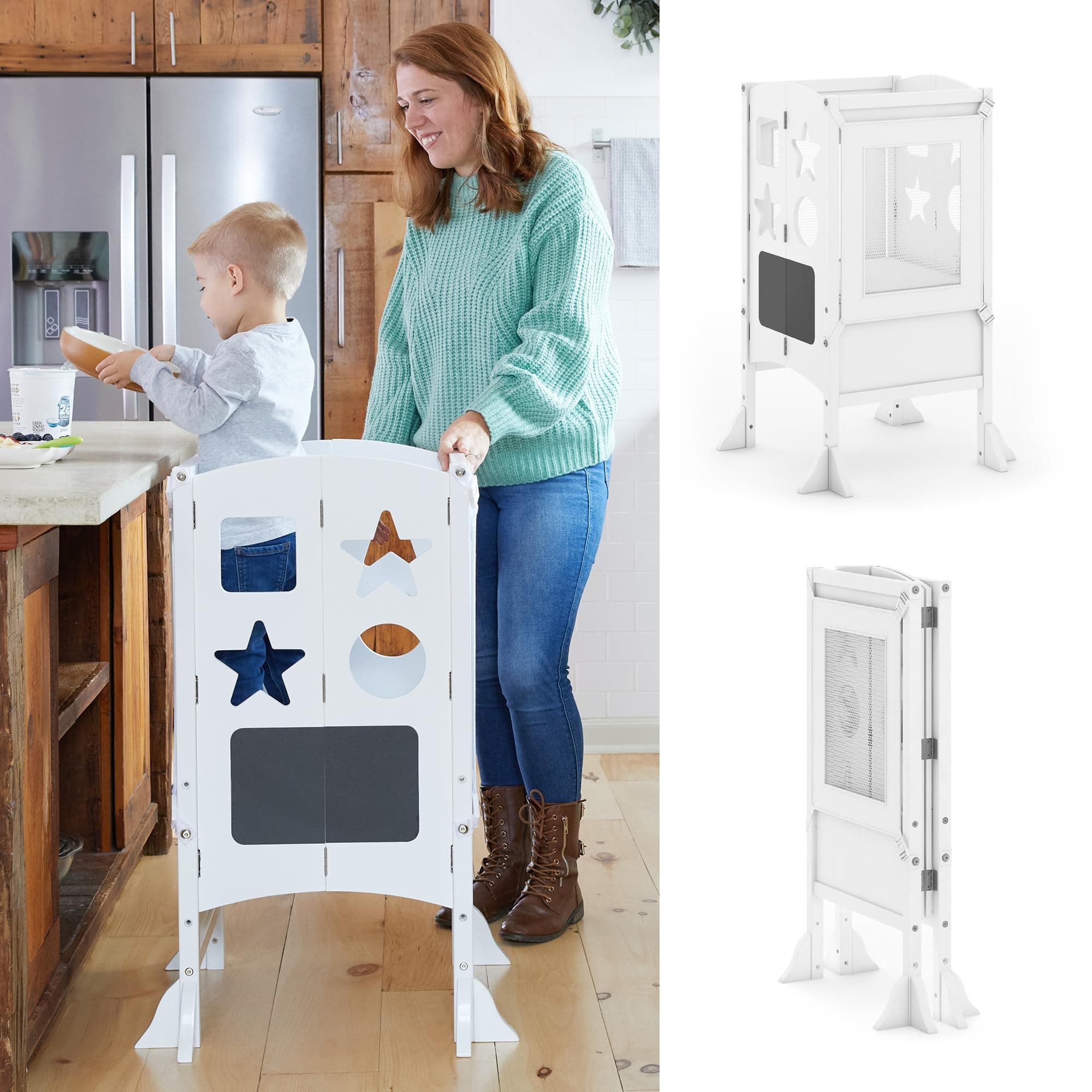 Classic Kitchen Helper® Stool - White with Keepers and Non-Slip Mat: Foldable, Adjustable Height Safety Cooking Tower for Toddlers with Chalkboard | Kids Learning Platform