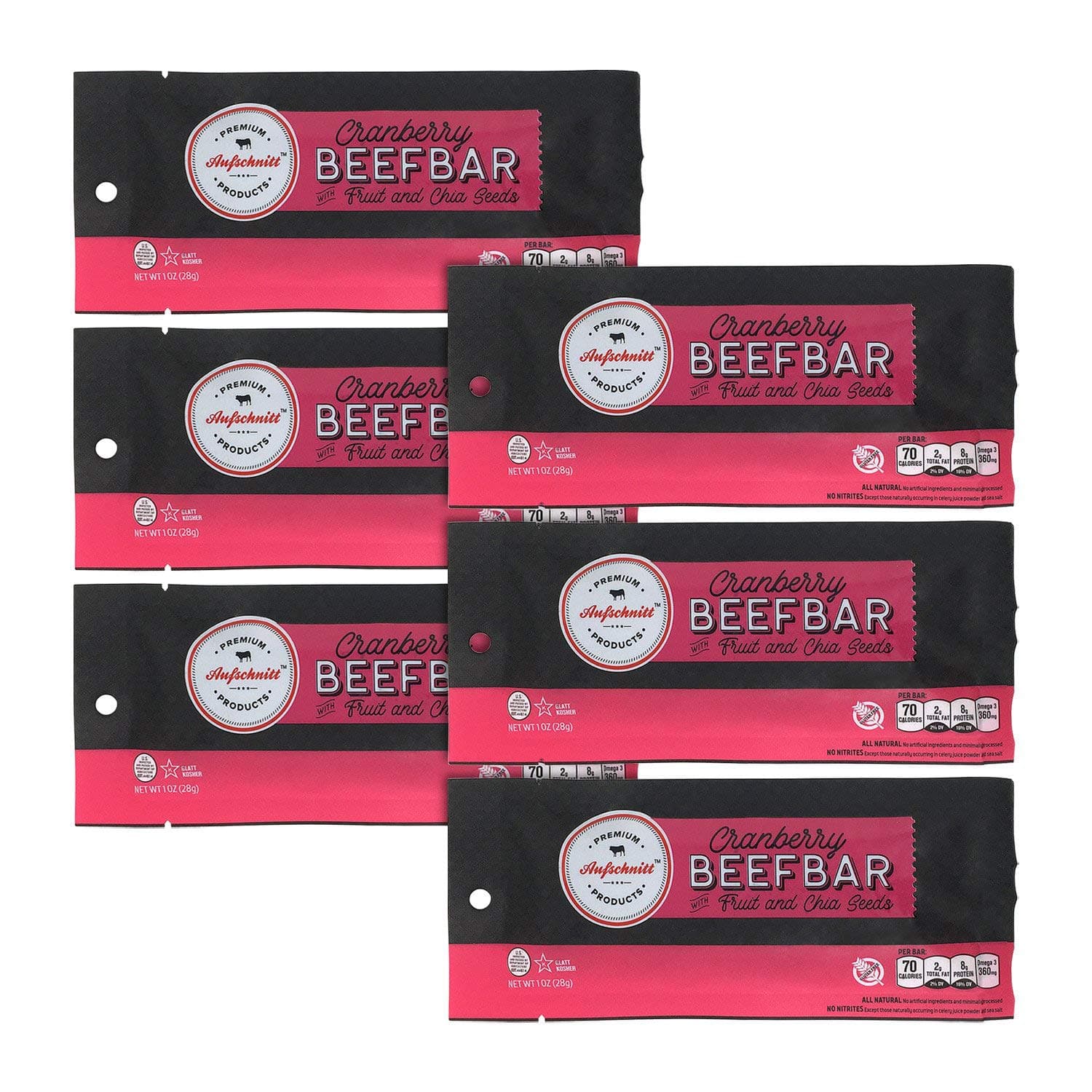 Aufschnitt Beef Bars - High Protein Snack with Grass Fed Beef - Kosher, and Keto Friendly - Cranberry Flavor with Real Fruit and Chia Seeds, 6 Count
