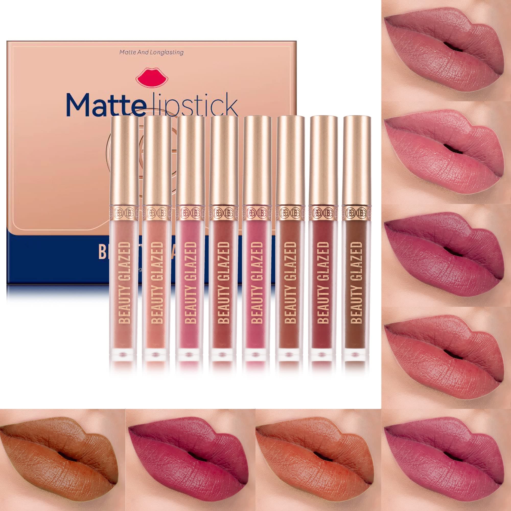NICEFACE 8 Piece Matte Liquid Lipstick Set - Non-Stick Cup, Waterproof, Long-Lasting, Birthday Edition - Durable Lipgloss Cosmetics Makeup Kit for Women and Girls (8PCS)