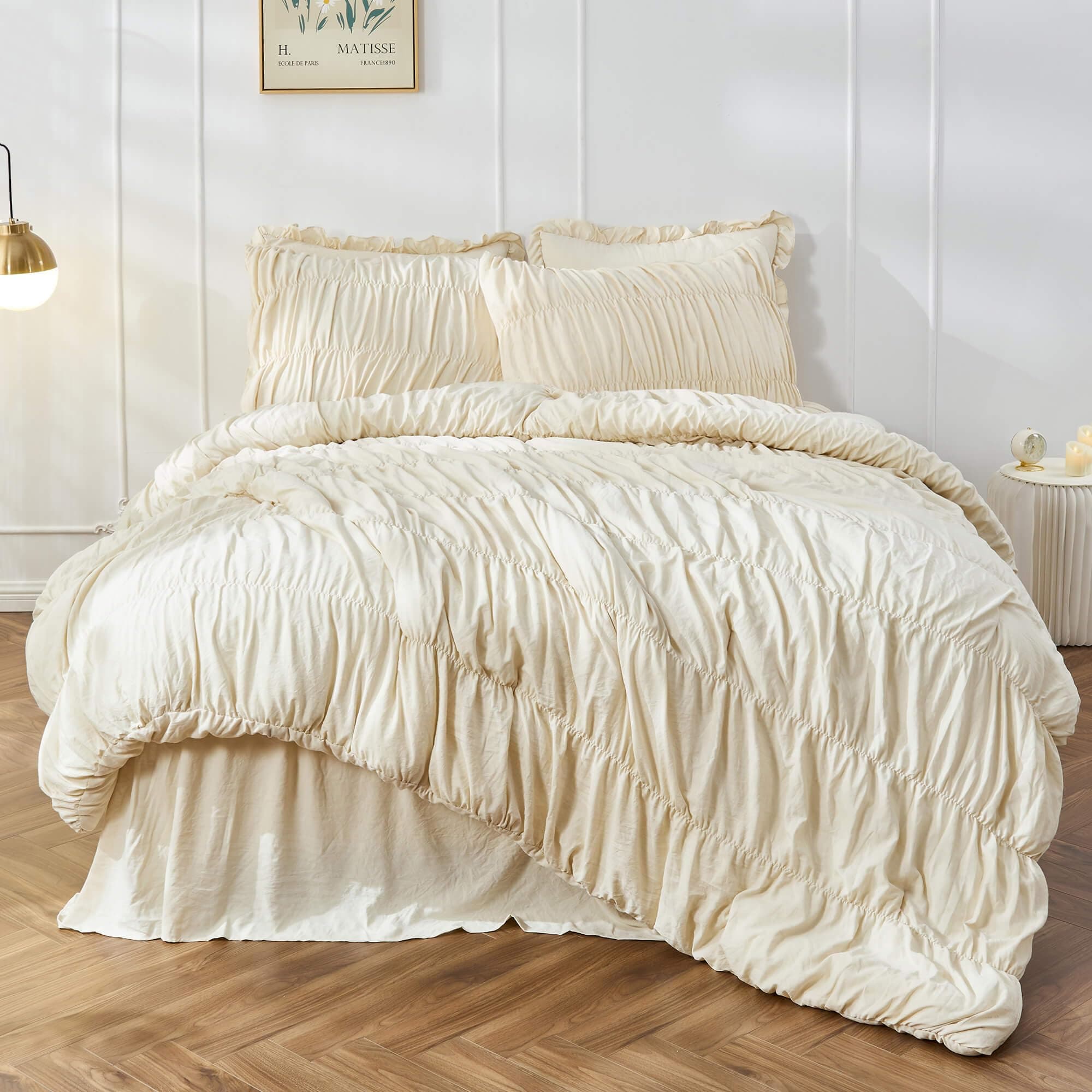 Bonlino Queen Comforter Set Wheat Bedding - Ruched Comforter Queen Size Bed Set Boho Shabby Chic Bedding for Bedroom Comforter Fluffy 3 Piece Ruffle Comforter Set with Pillow White Bedding Soft
