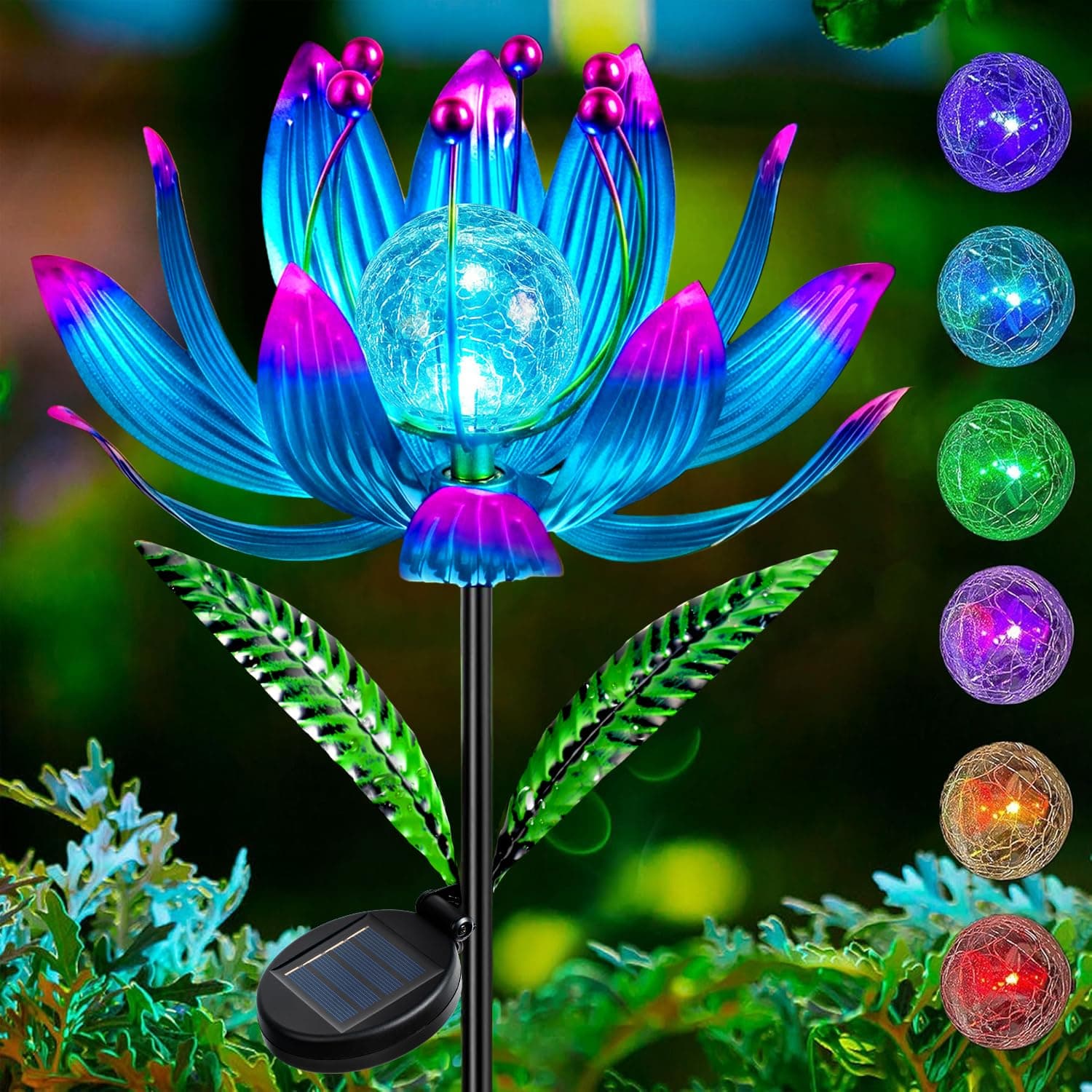 XPSCOCO Solar Wind Spinner, 38 Inch Metal Stake Yard Spinners,Solar Powered Multi-Color LED Glass Ball with Kinetic Wind Sculpture Spinner Windmills for Yard, Garden Decor- Metal Lotus Flower Decor
