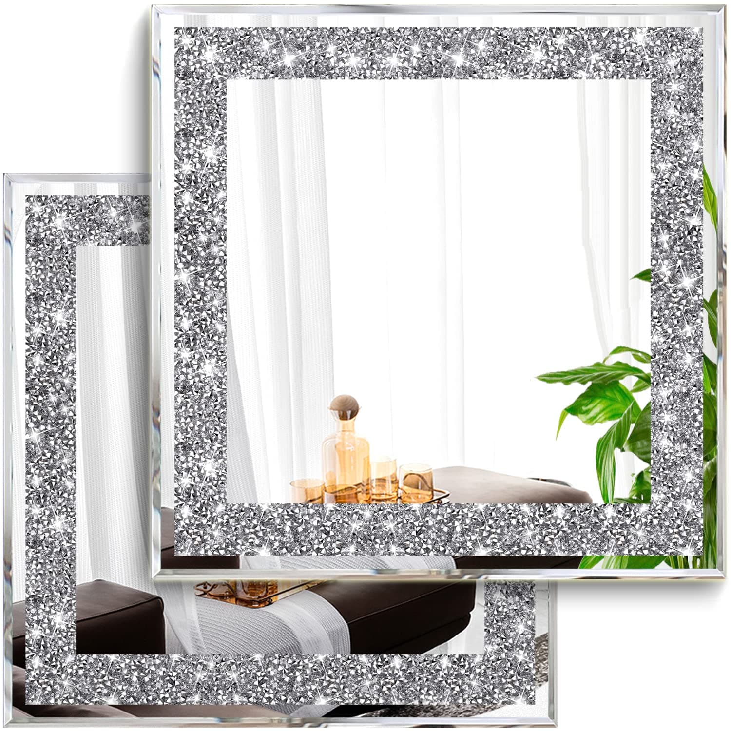 2 Piece Wall Mirrors, Crush Diamond Mirrors Decor, Silver Decorative for Living Room Bedroom, Bathroom. (12”x12”)