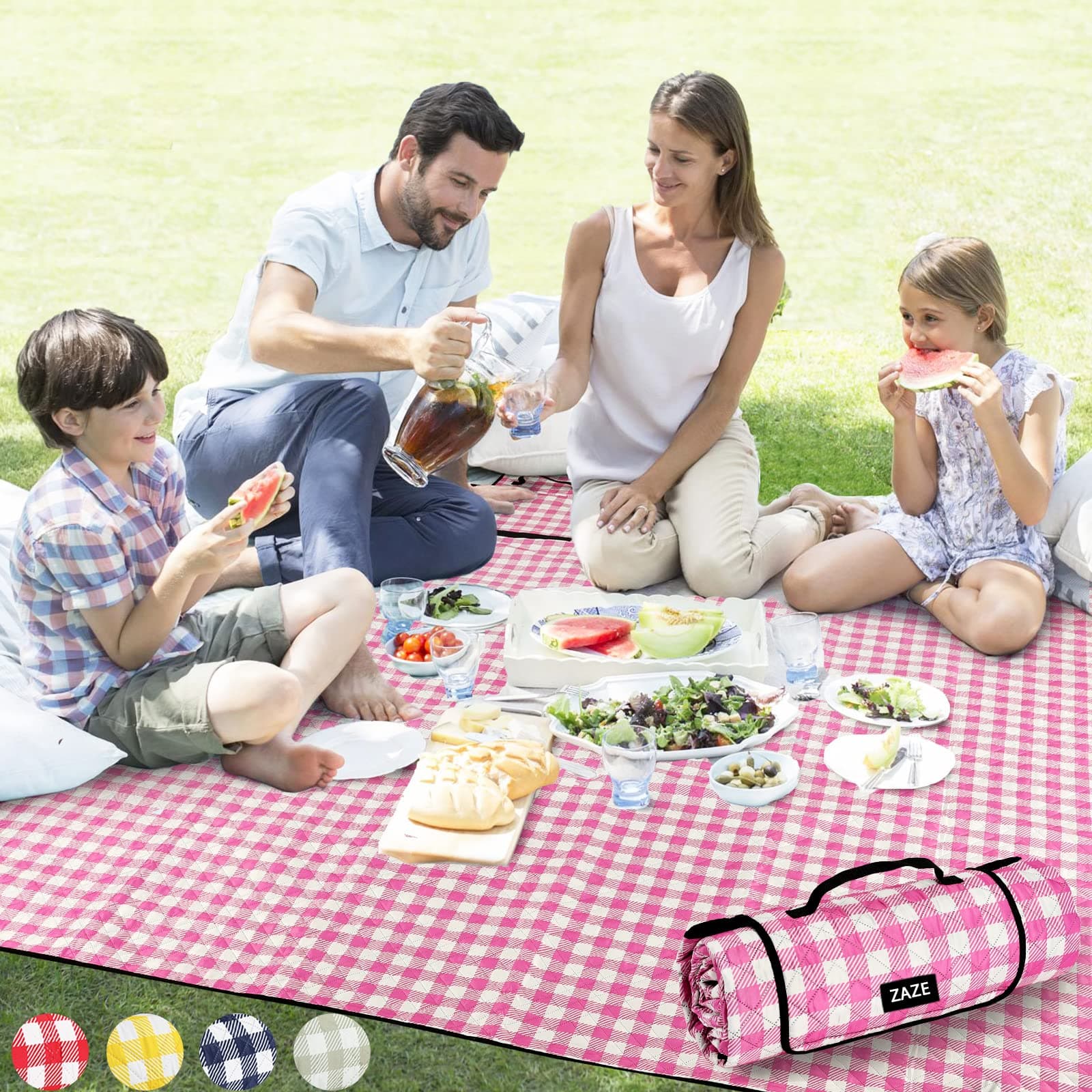 Picnic Blanket Waterproof Sandproof, 80''x80'' 3-Layer Cute Compact Extra Large Machine Washable Foldable Beach Mat, Big XL Outdoor Blankets for Spring Summer Camping, Park, Grass(Pink and White)