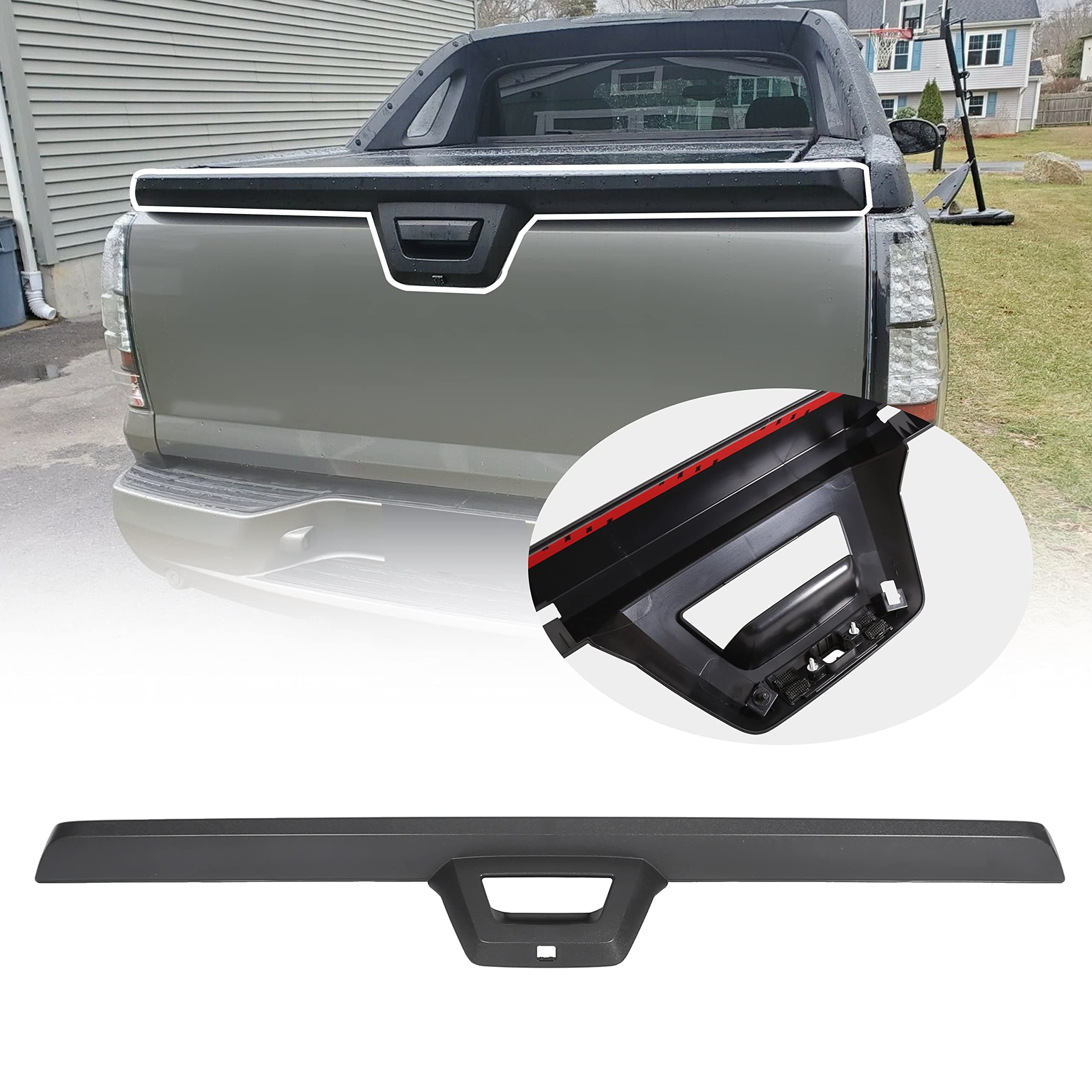 Tailgate Cap Cover Top Molding Trim Spoiler Compatible with 2007-2013 Chevy Chevrolet Avalanche & Cadillac Escalade EXT W/Camera Hole