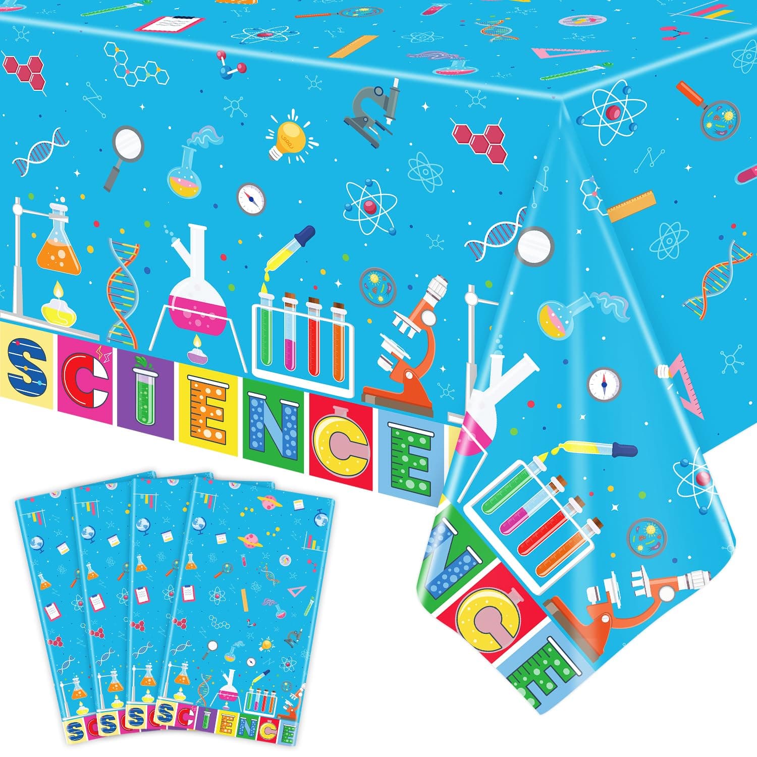4 PCS Science Party Tablecloth Decorations Mad Scientist Theme Birthday Party Supplies Science Party Tablecloth Rectangular  51 x 86in Laboratory Table Covers for Science Lab Party Decor