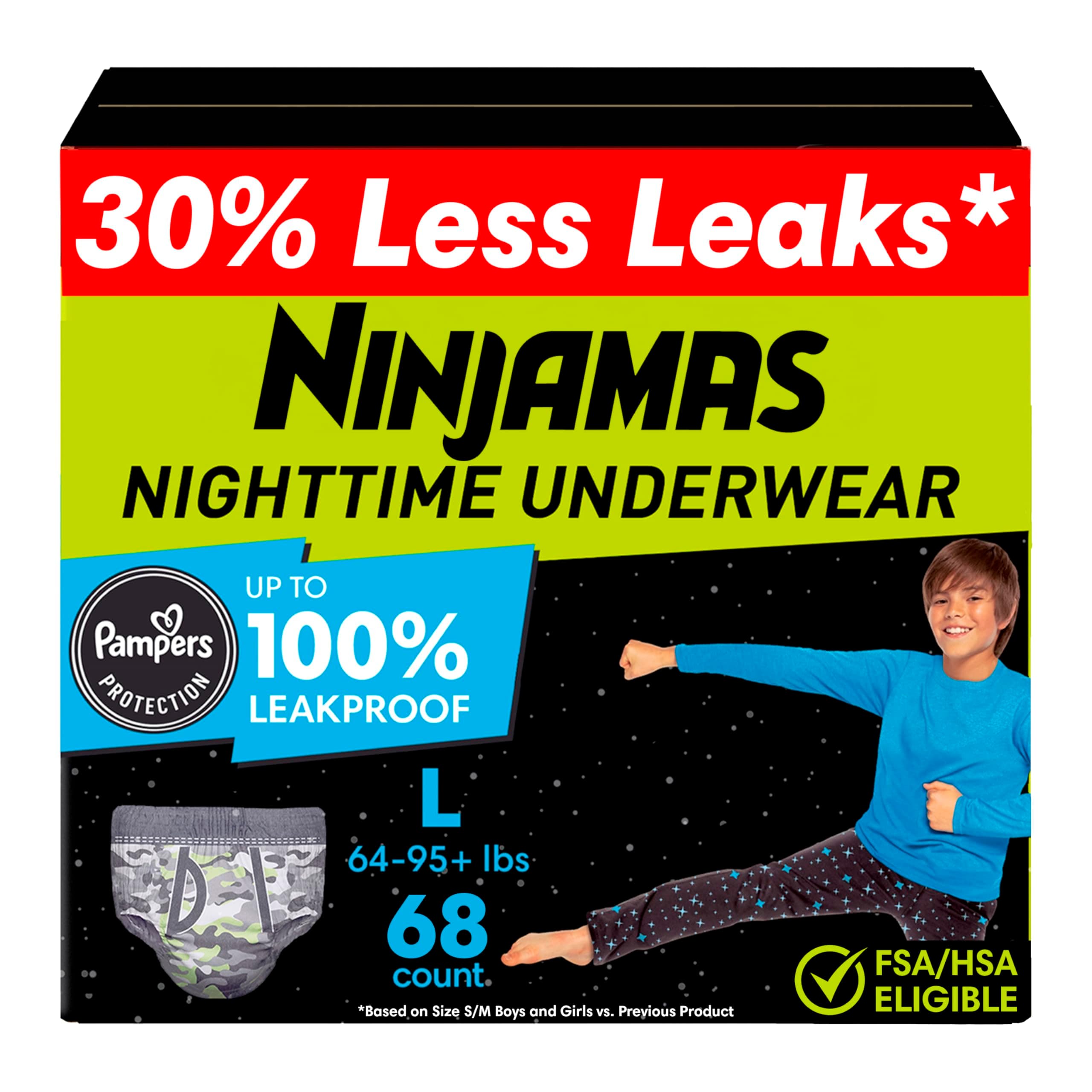 Ninjamas Boys Bedwetting Nighttime Underwear, Size L Pull Ups for Boys (64-95+ lbs), 68 Count, Training Pants, Overnight Underwear Kids, Ultra Absorbent, Hypoallergenic