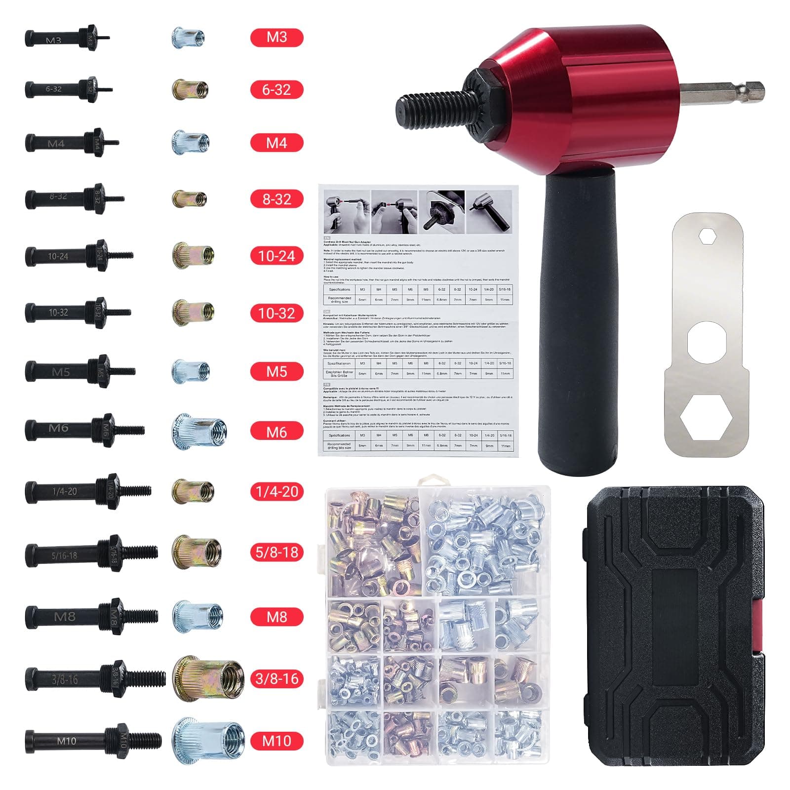 Rivet Nut Drill Adapter Tool Kit, Cordless Rivnut Tool Gun with 13 Mandrels & 290 Rivet Nuts, Compatible with Cordless Drill & Ratchet Wrench, Metric & SAE Sizes Rugged Storage Case Included