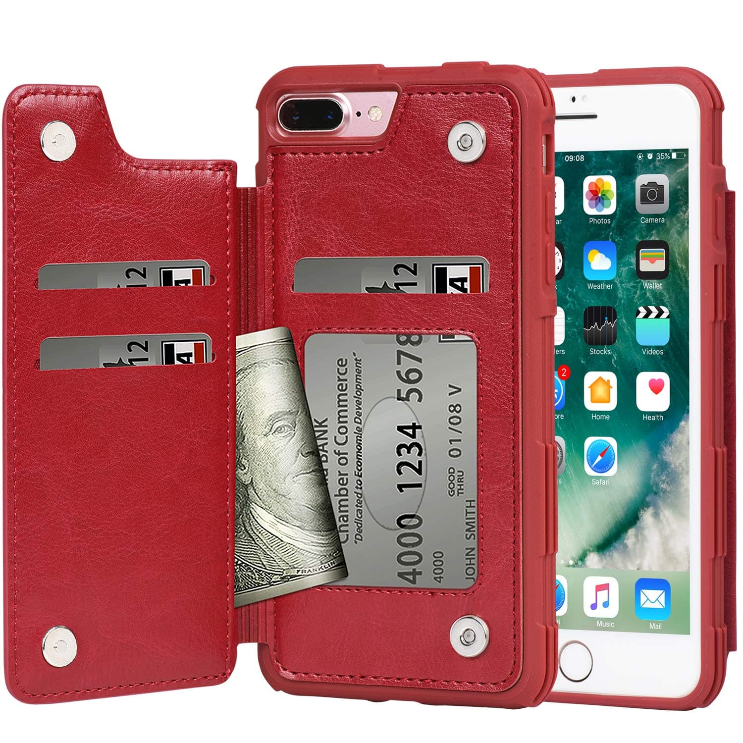 Arae Case for iPhone 7 Plus and iPhone 8 Plus - Wallet Case with PU Leather Card Pockets [Shockproof] Back Flip Cover for iPhone 7 Plus / 8 Plus 5.5 inch (red)