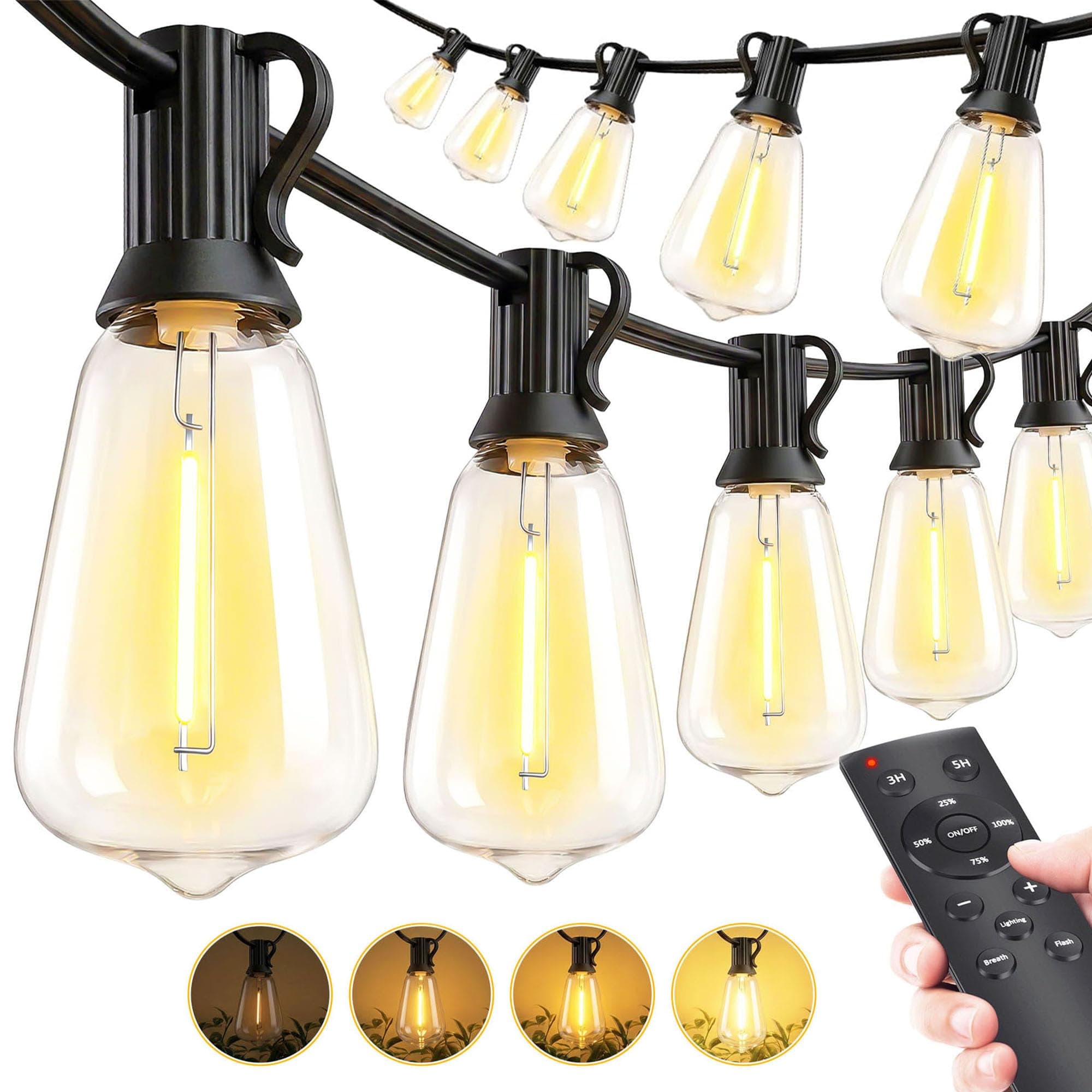 Outdoor String Led Patio Lights - 50Ft 15M Outside Waterproof Light With Remote Dimmable ST38 Shatterproof Bulb Connectable Hanging Outdoor Electric Lighting For Backyard Yard Gazebo Porch Party