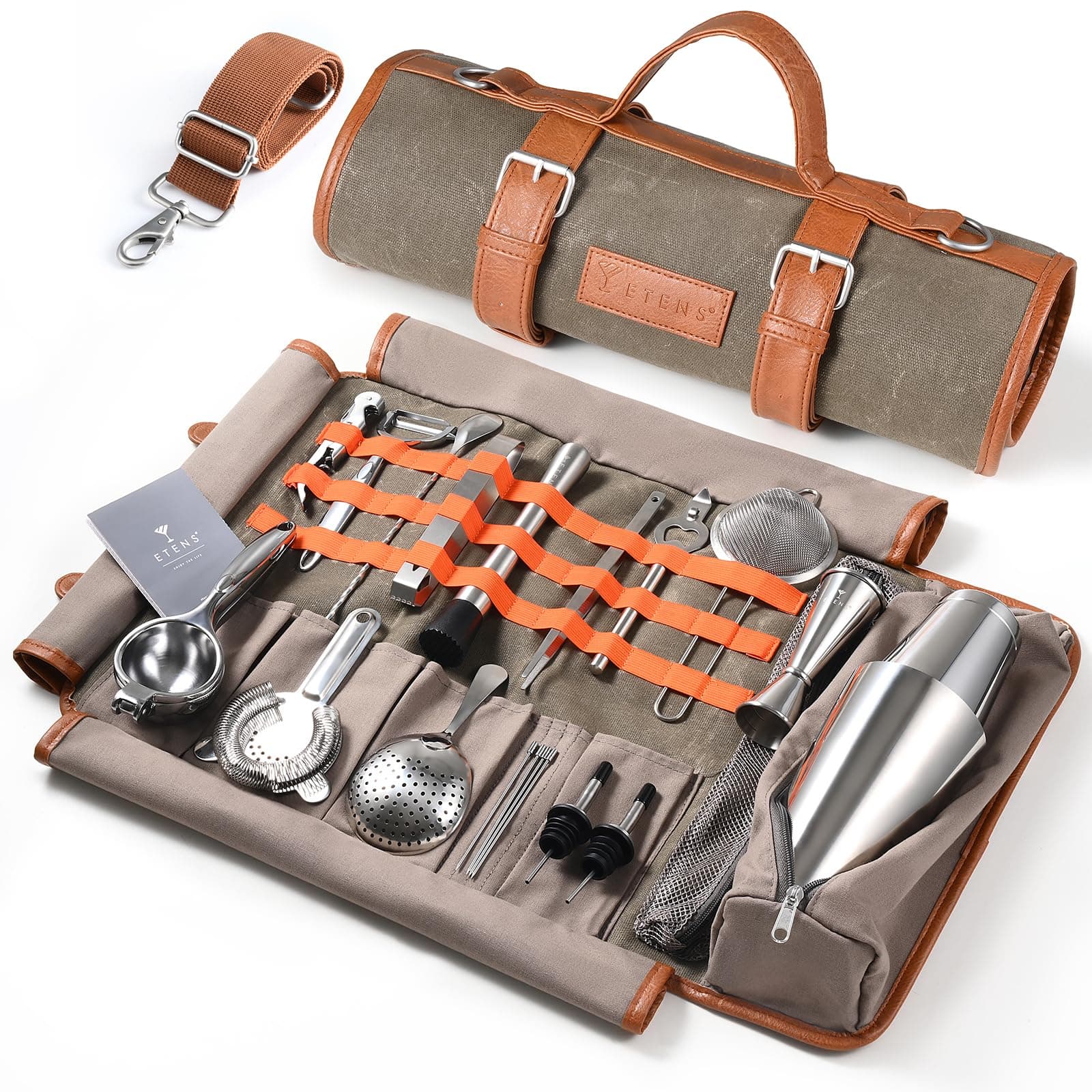Travel Bartender Kit – 22-Pc Bartending Kit with Bar Tools Bartender Accessories, Waxed Canvas Tool Bag – Professional Stainless Steel Bar Tools Set with Standard Jigger, Unbreakable Squeezer