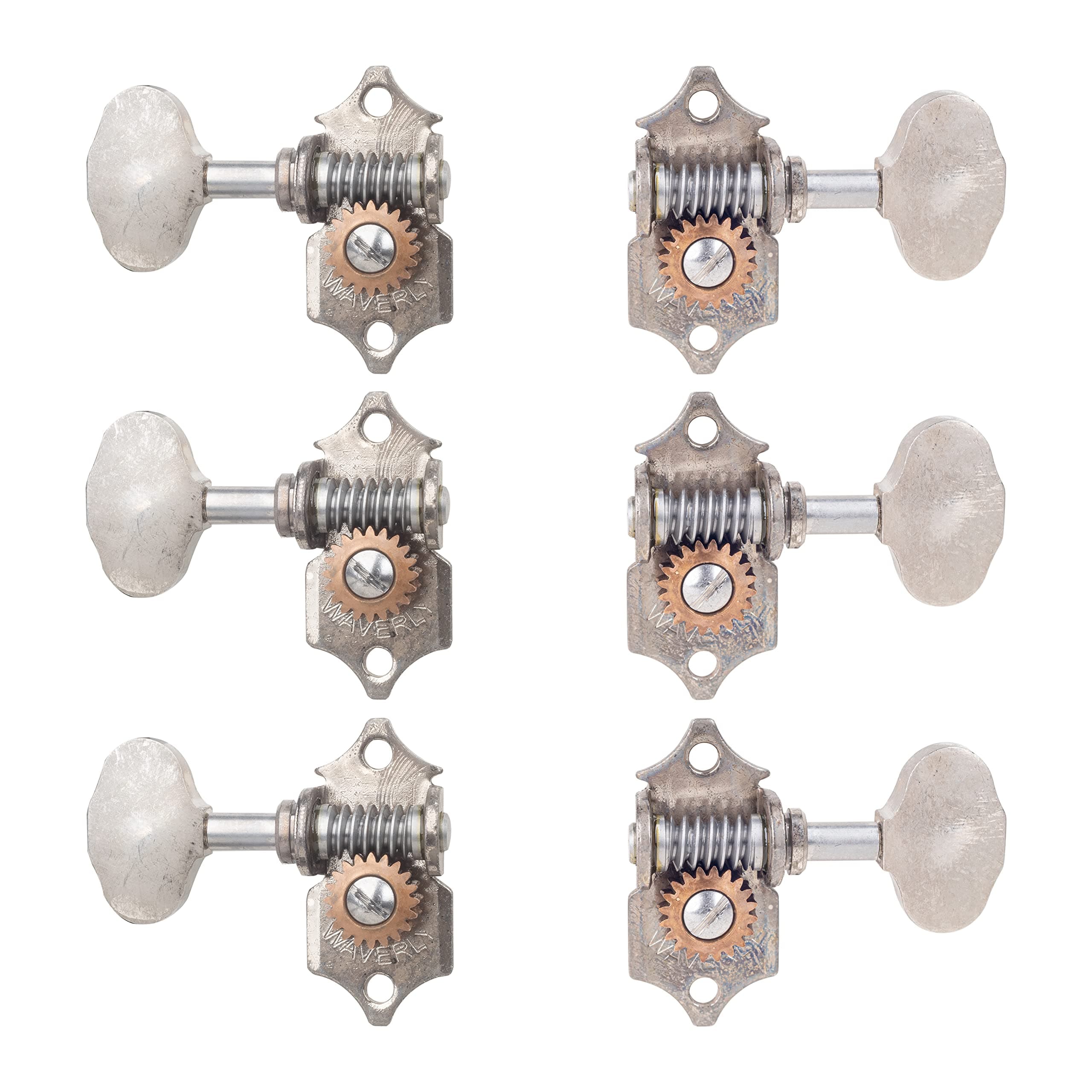 WaverlyHigh Ratio Guitar Tuners with Butterbean Knobs for Solid Pegheads, Relic Nickel, 3L/3R (14076)