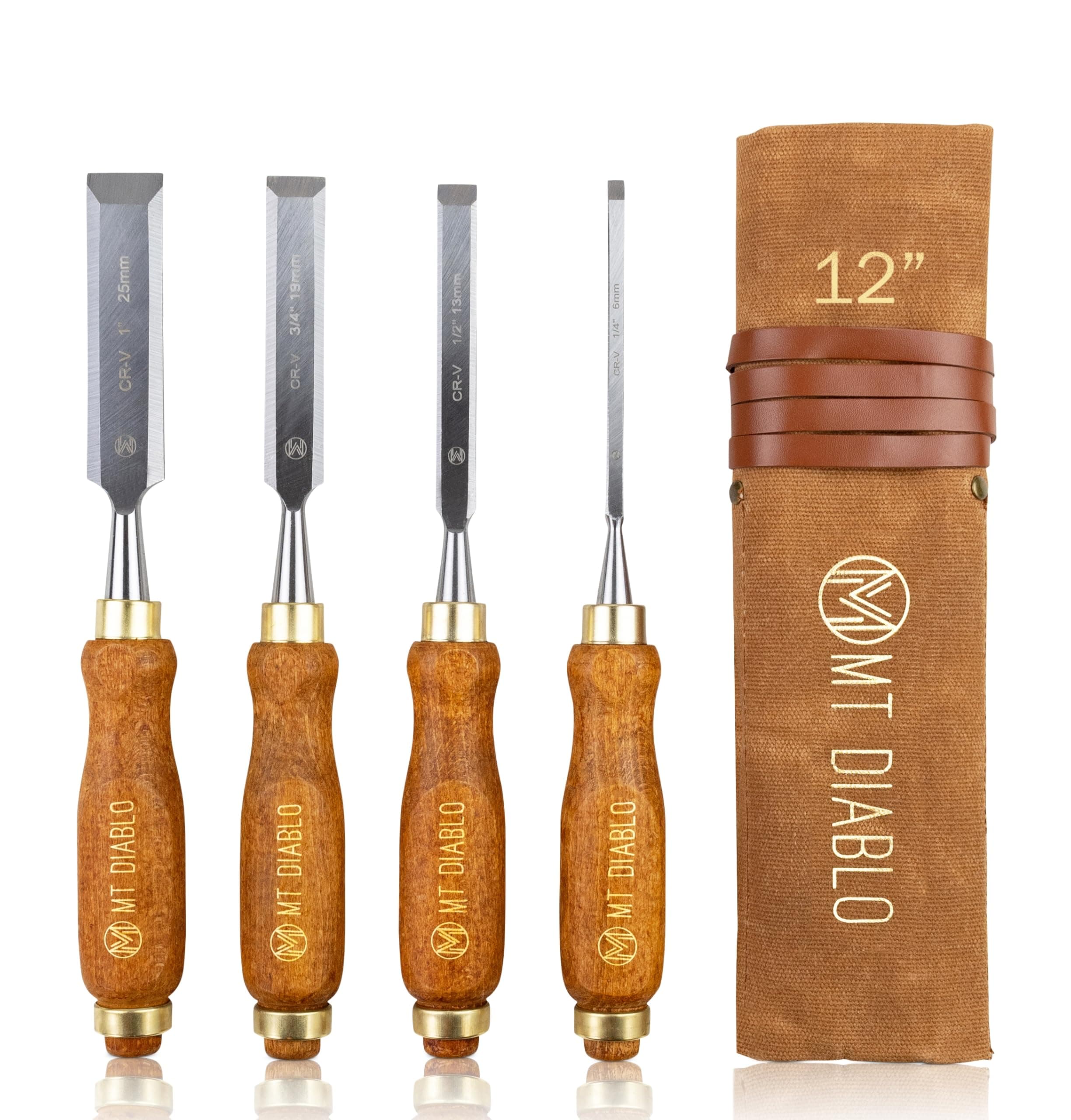 Mt Diablo Woodworking Tools 4 Piece Chisel Set - Premium CV60 Steel Wood Chisel Sets with Ergonomic Handles, Includes 1/4" 1/2" 3/4" 1" Widths - Ideal for Woodworkers - Durable Waxed Canvas Tool Roll