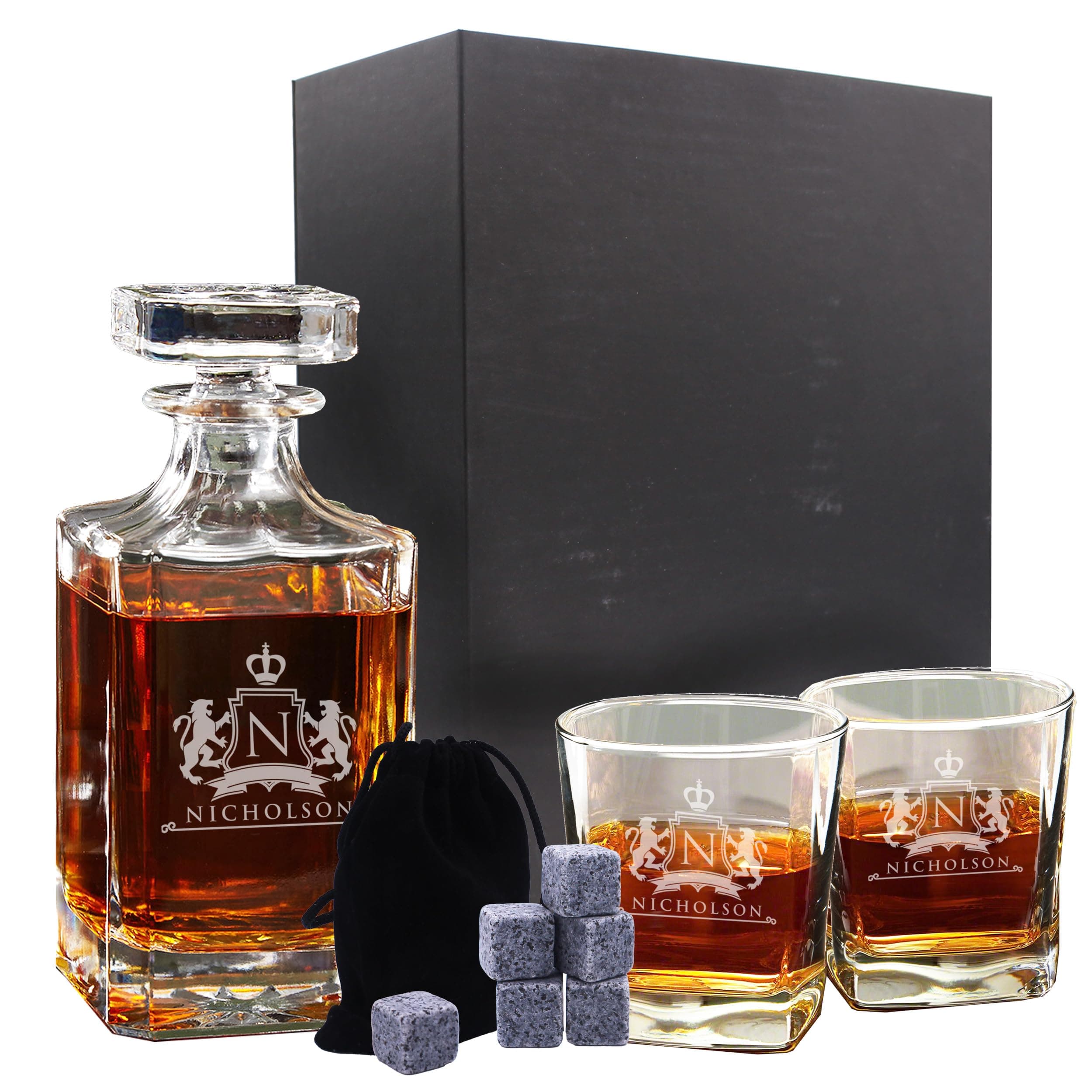 Customized Whiskey Decanter and Glasses Set - Custom Engraved and Personalized with Lion Design