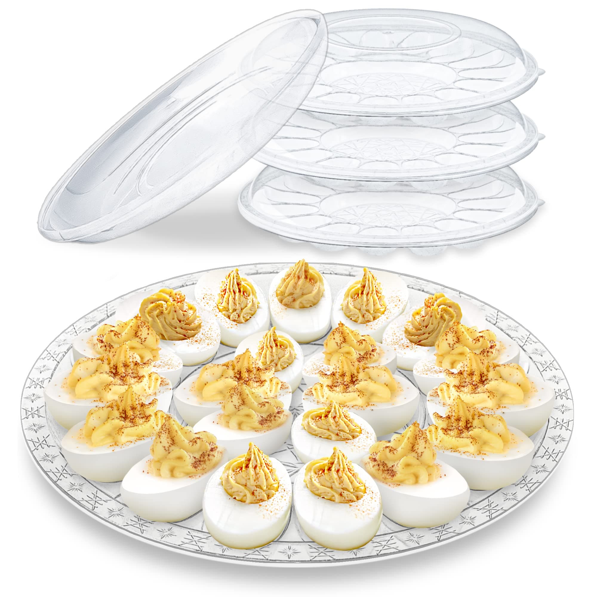 Deviled Egg Containers and Platters - (3 Pack) 15 Slot Clear Plastic Trays with Lid for Eggs and Finger Foods