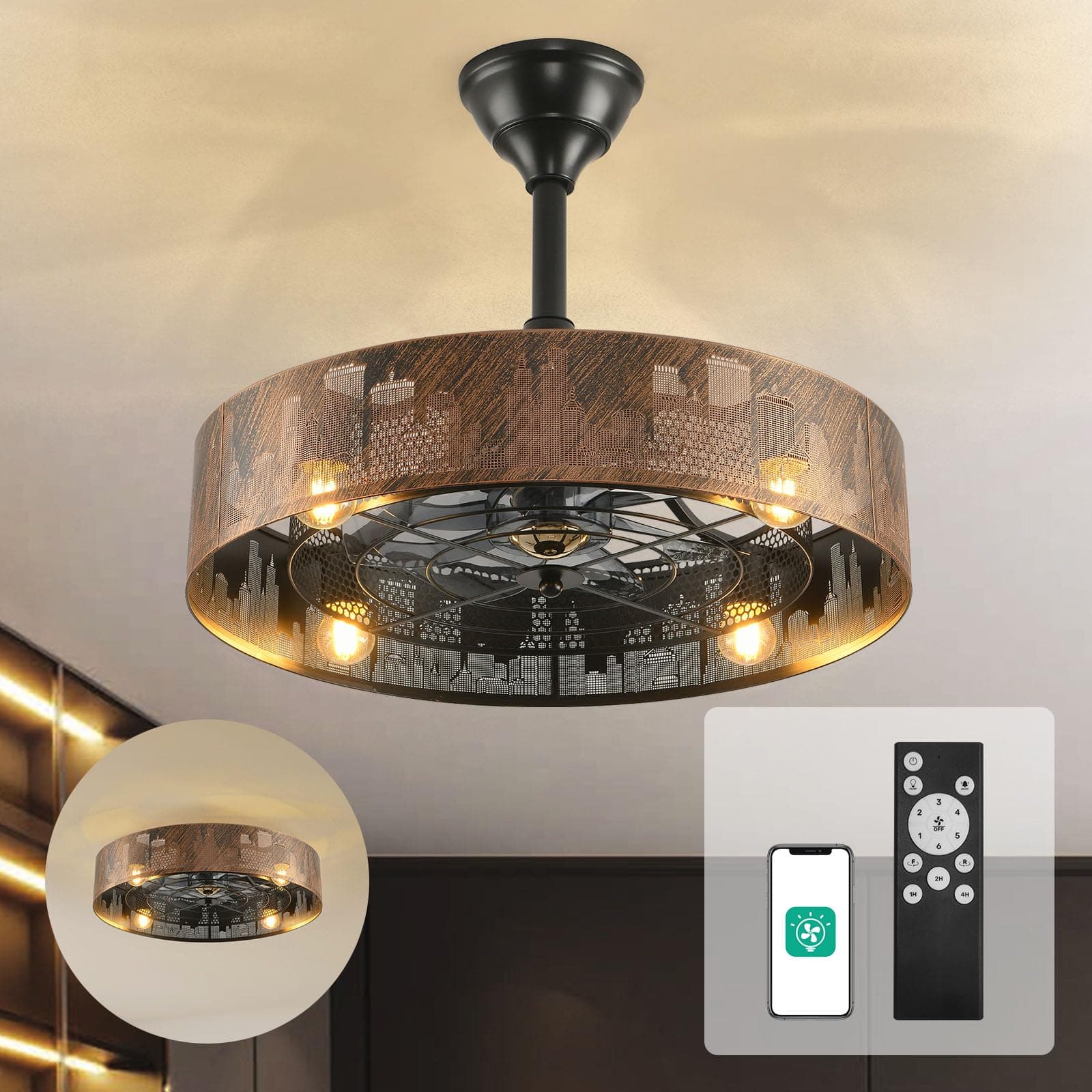 OrisonCaged Ceiling Fan with Lights Remote Control, Modern Enclosed with 6 Speeds Adjustable, for Living Room, Bedroom, Kitchen (Bulbs Included)
