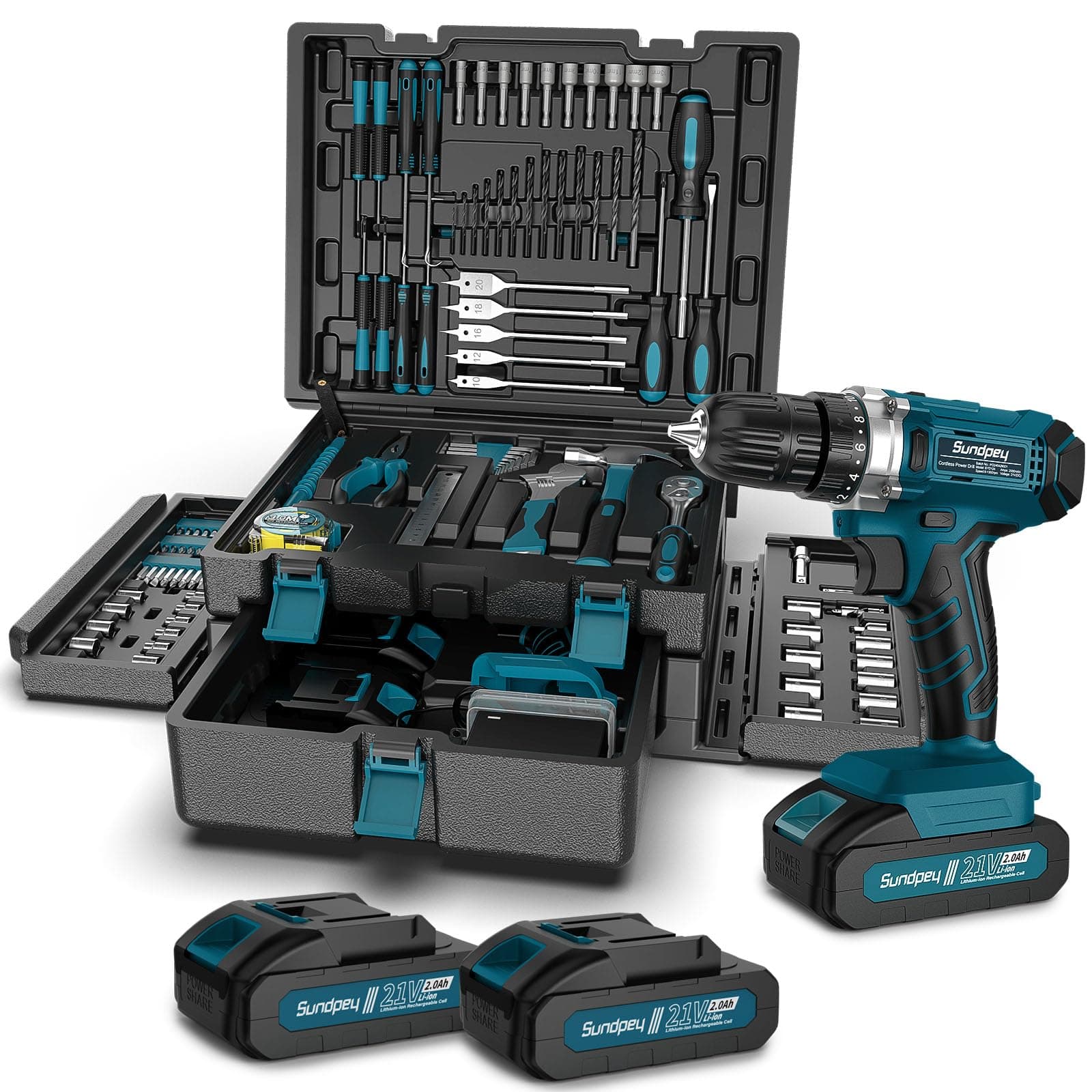 Sundpey Tool Kit with 21V Drill - Cordless Power Tool Set - 255-PCs General Basic Complete Home and Auto Repair Tools Set - Protable Household Tool Kit for Men Women(Wrench & Socket & Screwdriver Kit)
