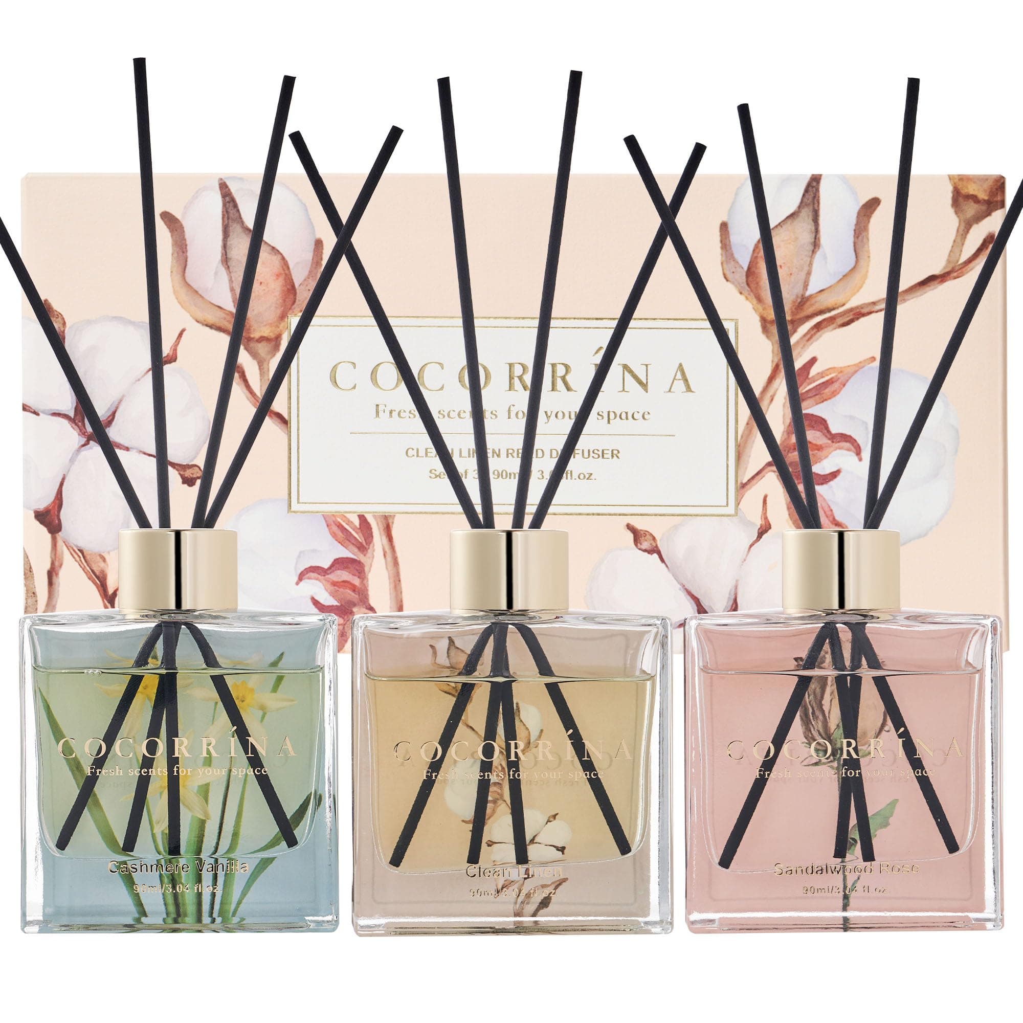 COCORRÍNA Reed Diffuser - 3 Pack/ 90ml with 24 Sticks Reed Diffuser for for House Bedroom Office Decor & Gifts Set (Cashmere Vanilla/Sandalwood Rose/Clean Linen)