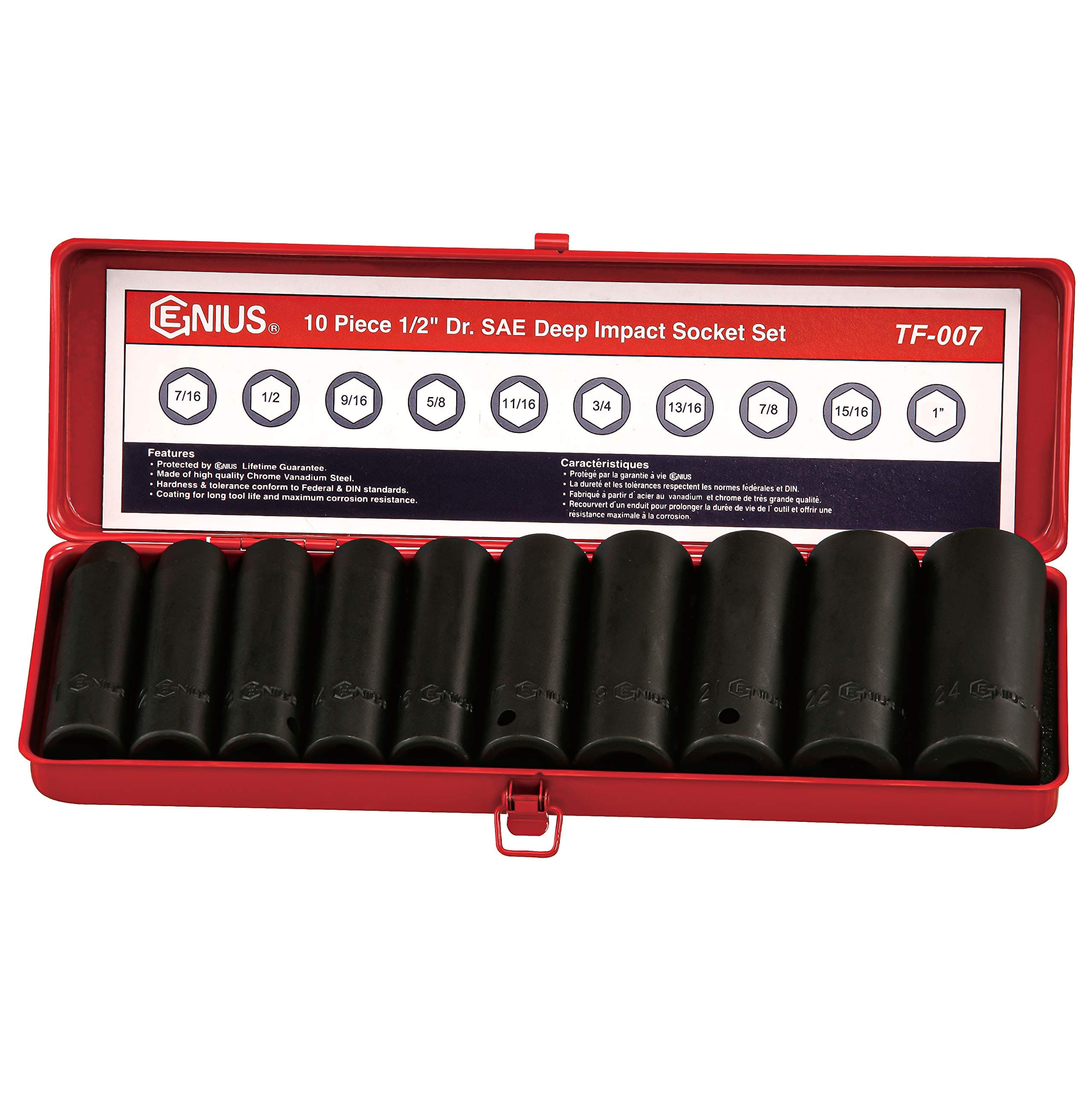 Genius Tools 10PC 1/2" Dr. SAE Deep Impact Socket Set - TF-007