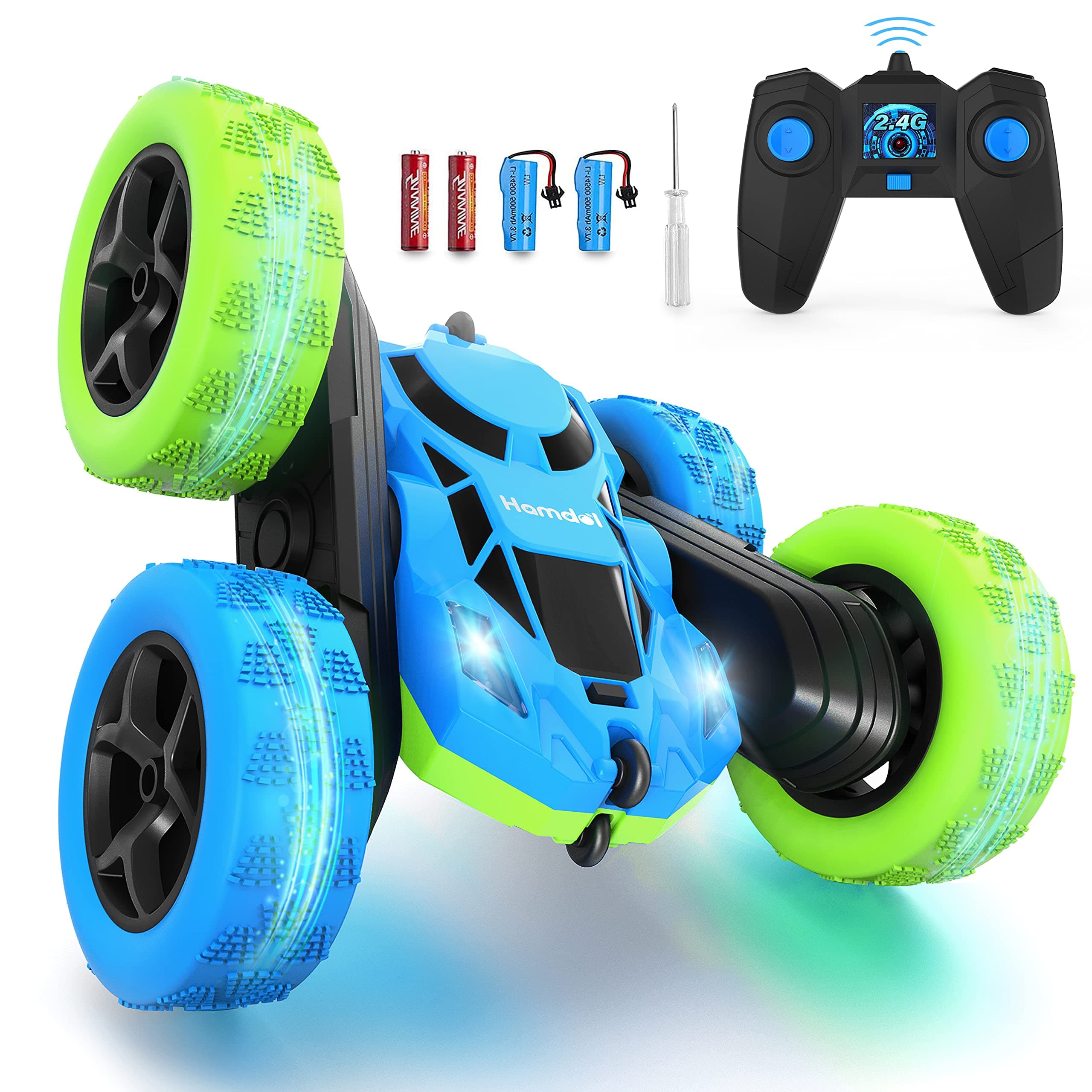 Hamdol Remote Control Car for Kids, 360° Rotating Double-Sided RC Car with LED Headlights, 4WD 2.4GHz Electric Rechargeable Toy Vehicle for Boys and Girls, Perfect Birthday