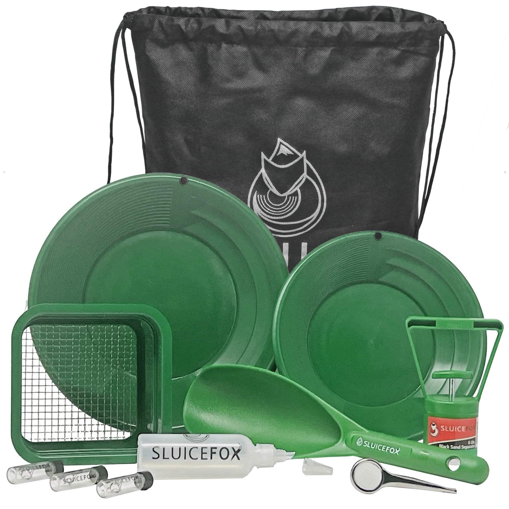 Sluice Fox Backpack Gold Prospecting kit with Classifier: Two Spiral Gold Pans, Plastic Gold Shovel or Pay Dirt Scoop and Black Sand Gold Separator Magnet Green