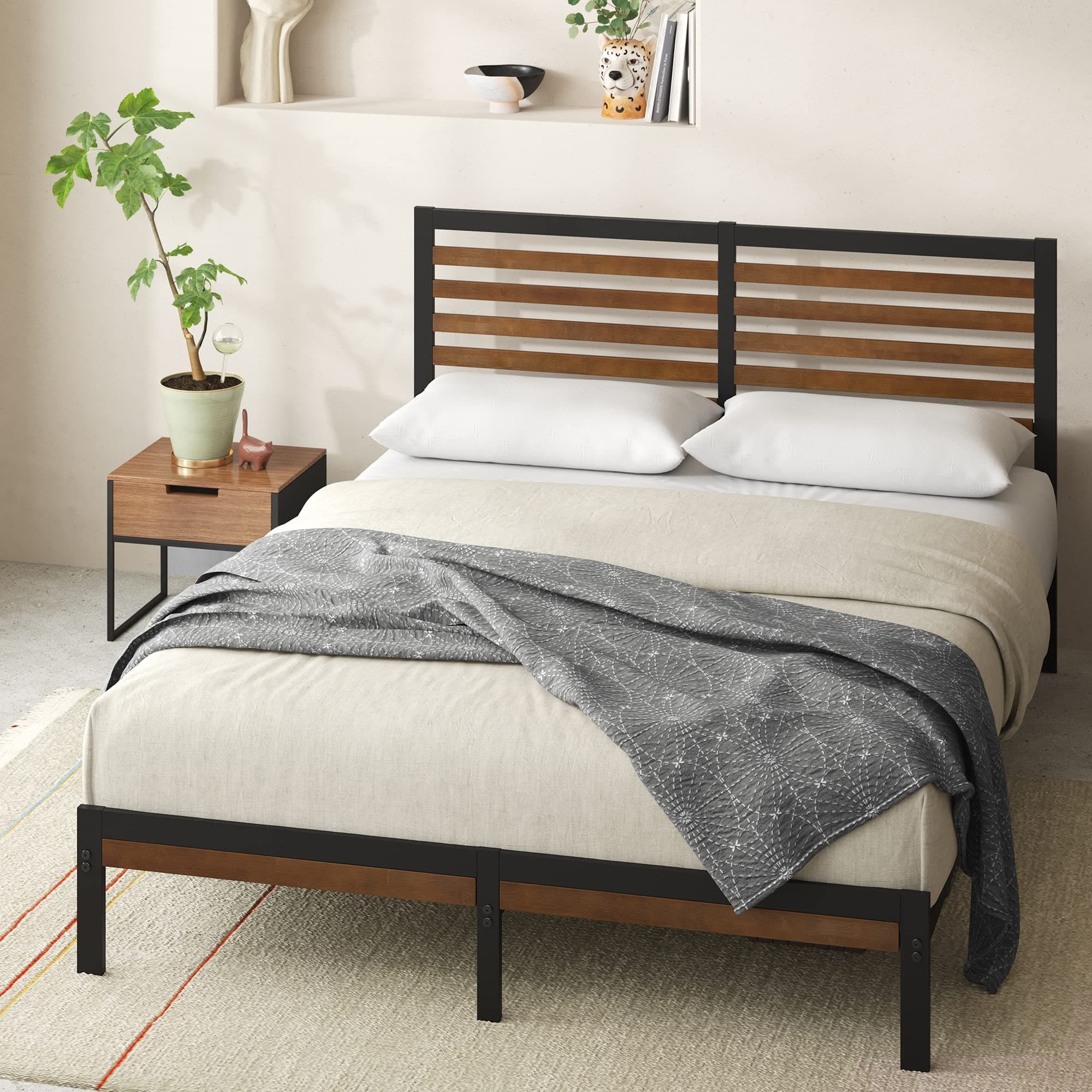 Kai Bamboo and Metal Platform Bed Frame with Headboard, No Box Spring Needed, Easy Assembly, Queen, Brown
