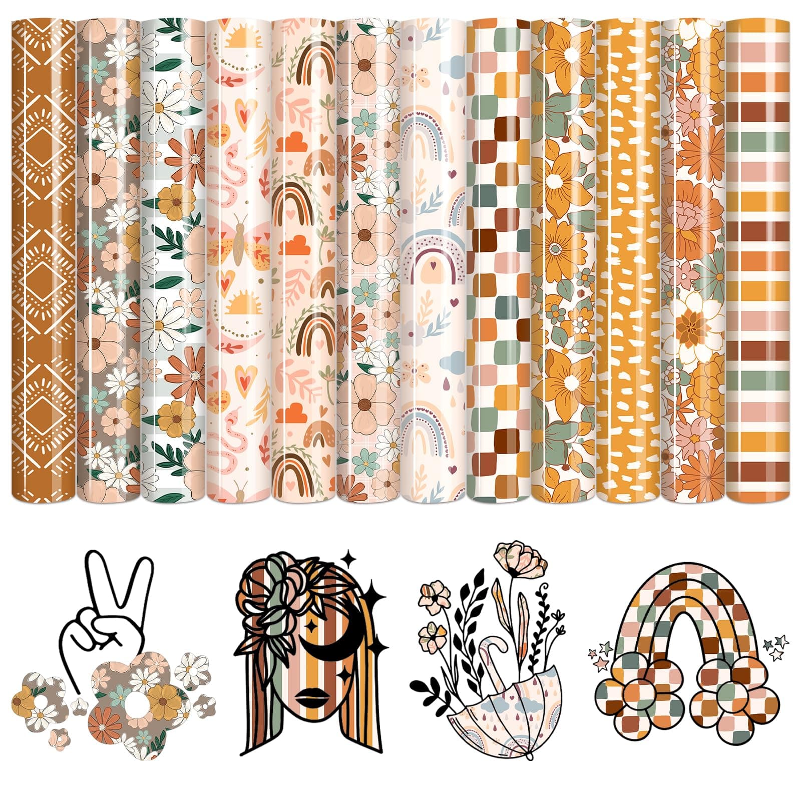 HTVSTD Boho HTV Heat Transfer Vinyl - 12 Sheets 12 x 10 Inches Flower Patterned HTV Vinyl Rainbow Heat Transfer Vinyl for T-Shirts DIY Iron on Vinyl Compatible with Sillhoutte Cameo and Cricut