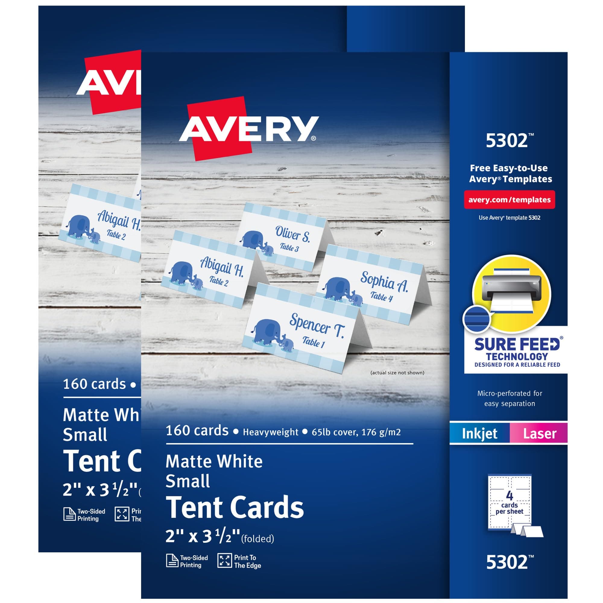 Printable Tent Cards with Sure Feed Technology, 2" x 3.5", Matte White, 2-Pack, Total of 320 Blank Place Cards for Laser or Inkjet Printers (5812)