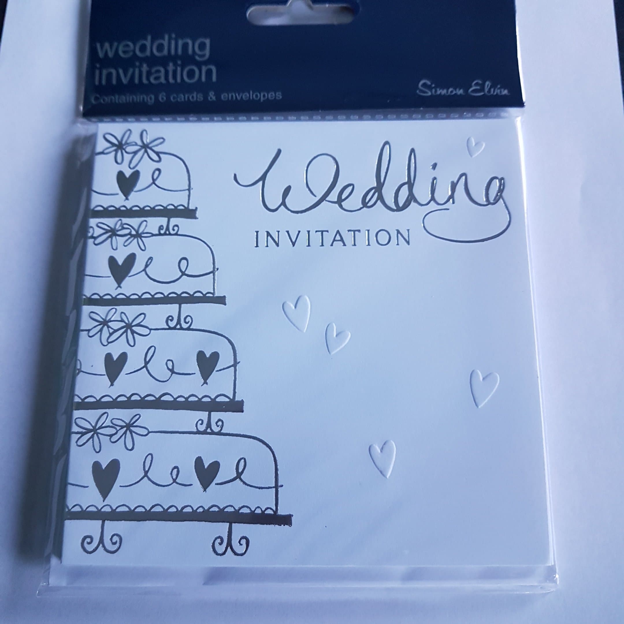6 Simon Elvin Wedding Day Invitations - White with silver embossed cake - New Dp292s